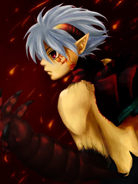 luc luc, ryu (breath of fire v), breath of fire, breath of fire v, capcom, bad id, bad pixiv id, 1boy, alternate form, claws, closed mouth, dragon boy, facial mark, facing to the side, fire, from side, glowing, gradient background, hand up, horns, looking ahead, looking to the side, male focus, pointy ears, red eyes, short hair, slit pupils, solo, upper body, white hair