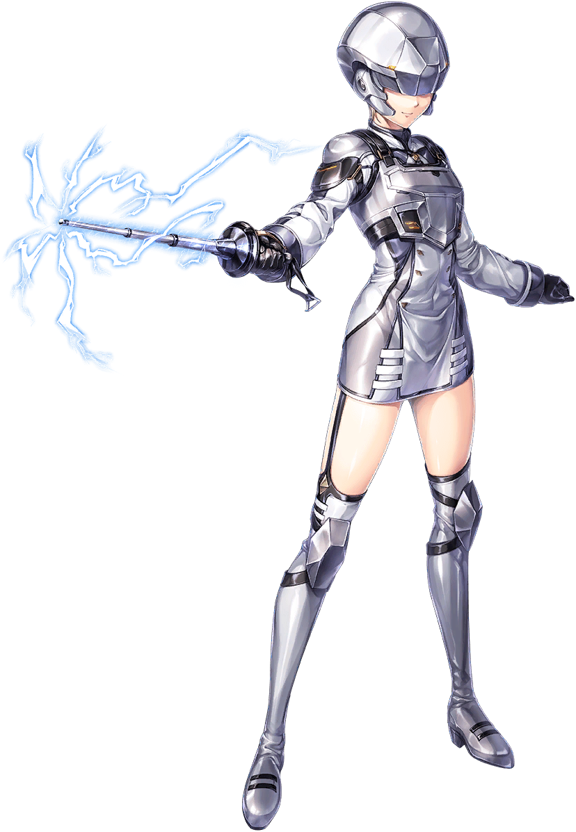 unitia, artist request, game cg, official art, 1girl, amina (unitia), breasts, closed mouth, electricity, full body, gloves, helmet, holding, holding weapon, light smile, long sleeves, no eyes, science fiction, solo, transparent background, weapon