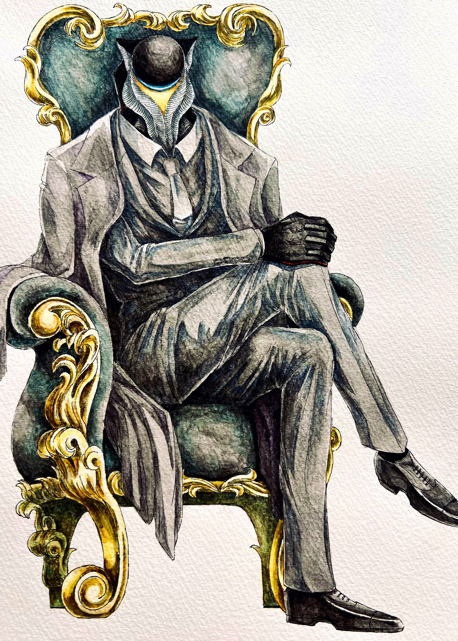 mephilas seijin, shin ultraman, tokusatsu, ultra series, highres, 1boy, akichi 52, alien, black jacket, black necktie, black shirt, black shoes, blue eyes, chair, colored skin, crossed legs, formal clothes, jacket, jacket on shoulders, long fingers, looking at viewer, male focus, necktie, on chair, pants, science fiction, shirt, shoes, simple background, sitting, solo, white background