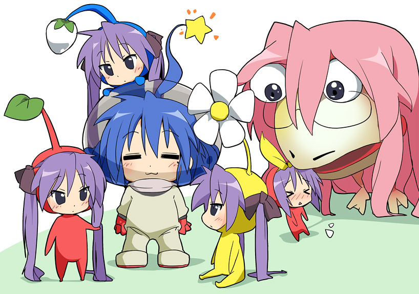 ixy, bulborb, hiiragi kagami, hiiragi tsukasa, izumi konata, olimar, takara miyuki, lucky star, nintendo, pikmin (series), > <, 5girls, :3, = =, ahoge, blush, closed eyes, cosplay, glasses, mole, mole under eye, multiple girls, olimar (cosplay), parody, pikmin (creature), siblings, sisters, twins, twintails