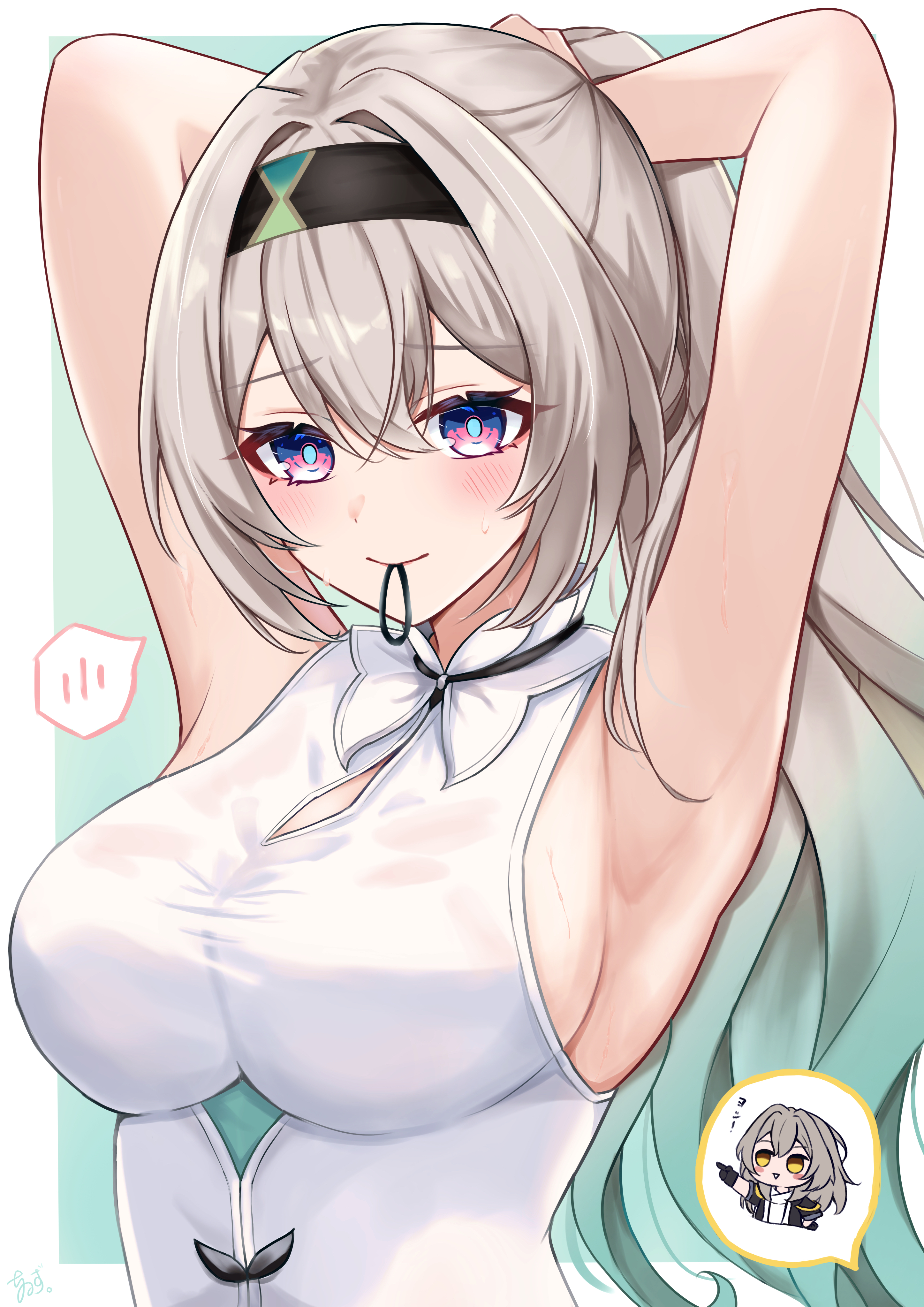 tiizumaru98, firefly (honkai: star rail), stelle (honkai: star rail), trailblazer (honkai: star rail), honkai: star rail, honkai (series), absurdres, commentary request, highres, 2girls, aqua background, aqua pupils, armpits, arms behind head, arms up, black headband, blush, border, breasts, chibi, chibi inset, closed mouth, gradient hair, grey hair, hair between eyes, hair tie, hair tie in mouth, headband, large breasts, long hair, looking at viewer, mouth hold, multicolored eyes, multicolored hair, multiple girls, no jacket, outside border, pink eyes, purple eyes, shirt, sideboob, sleeveless, sleeveless shirt, smile, solo focus, spoken blush, spoken character, sweat, two-tone eyes, tying hair, upper body, white border, white shirt