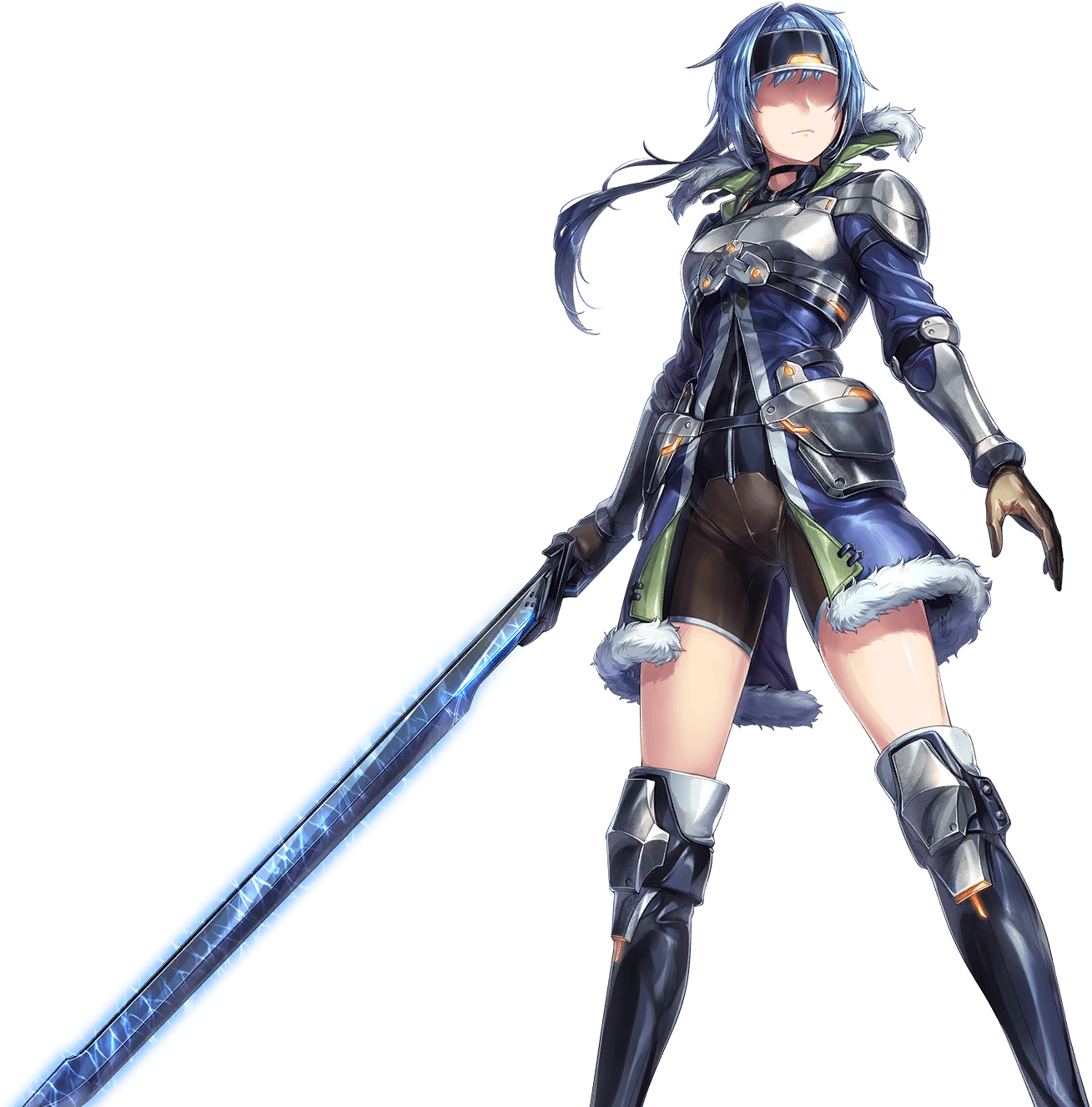 unitia, artist request, game cg, highres, official art, 1girl, armor, blue hair, breasts, closed mouth, collar, espada (unitia), full body, fur trim, gloves, headband, holding, holding sword, holding weapon, no eyes, shoulder armor, solo, sword, transparent background, weapon
