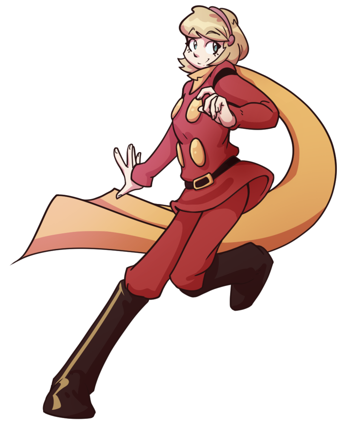 francoise arnoul, cyborg 009, highres, 1girl, beesgav, belt, black belt, black boots, blonde hair, boots, coat, cyborg, dynamic pose, full body, green eyes, hair over face, hairband, pants, pink hairband, red coat, red pants, scarf, short hair, smile, soldier, yellow scarf