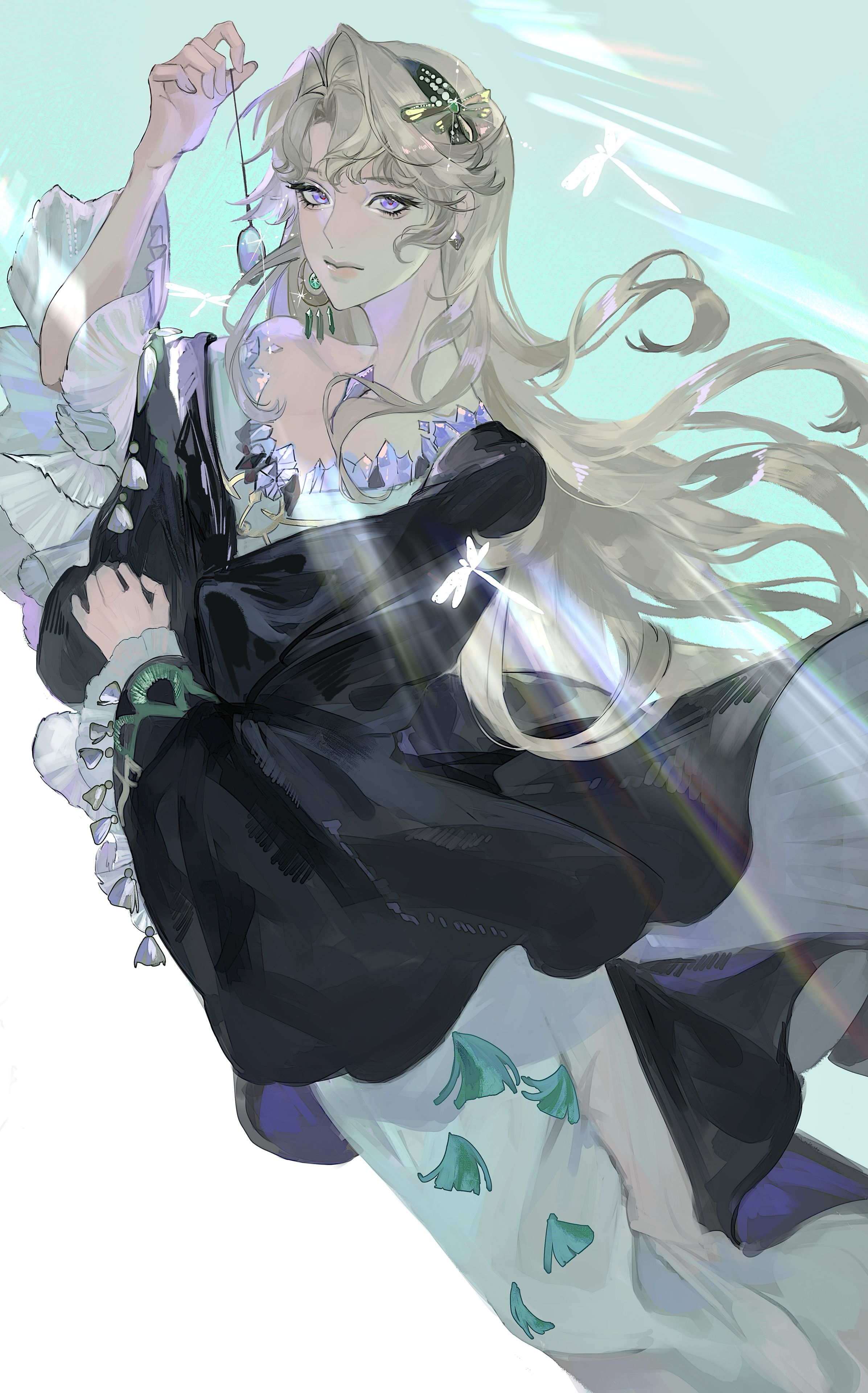 reverse:1999, absurdres, highres, 1girl, aqua background, beryl bouanich, black cloak, blue eyes, cloak, closed mouth, crescent, crescent earrings, crystal earrings, dress, earrings, feet out of frame, floating earrings, floating hair, grey hair, hair ornament, hand up, holding, holding pendulum, jewelry, long dress, long hair, looking at viewer, mismatched earrings, pendulum, saigao jiang, solo, white dress