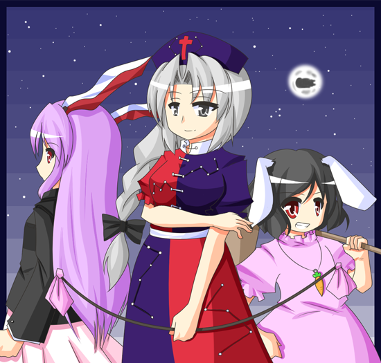 urushi, inaba tewi, reisen udongein inaba, yagokoro eirin, touhou, silver hair, 3girls, animal ears, bow (weapon), carrot necklace, female focus, full moon, hat, holding, holding weapon, long hair, moon, multiple girls, necklace, neet, nurse cap, purple hair, rabbit ears, red eyes, very long hair, weapon