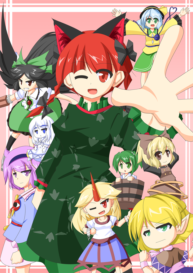 urushi, hoshiguma yuugi, kaenbyou rin, kisume, komeiji koishi, komeiji satori, kurodani yamame, mizuhashi parsee, reiuji utsuho, zombie fairy (touhou), touhou, silver hair, 6+girls, :o, ;d, animal ears, arms behind head, arms up, black hair, blonde hair, bow, braid, broken, broken chain, bucket, cannon, cat ears, cat girl, chain, collarbone, dress, eyeball, fang, female focus, ghost, green bow, green dress, green eyes, green skirt, hair bow, hairband, head tilt, heart, heart of string, horns, in bucket, in container, long hair, long sleeves, looking at viewer, multiple girls, one eye closed, open mouth, palms, pink background, pointy ears, purple eyes, purple hair, red eyes, red hair, shirt, short hair, short sleeves, simple background, single horn, skirt, smile, third eye, twin braids, very long hair, wavy mouth, white shirt, wink, wrist cuffs, yellow shirt