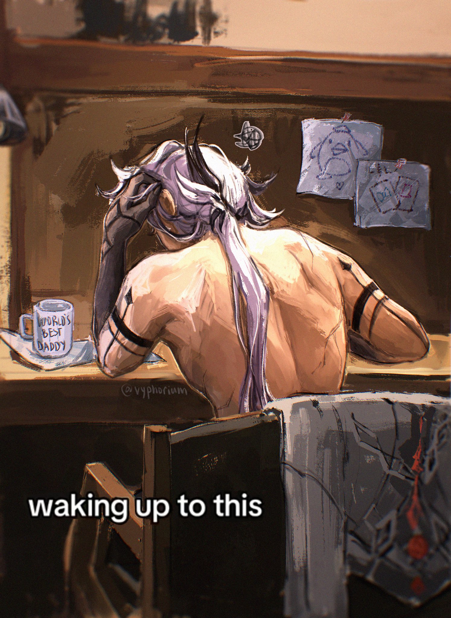 vyphorium, arlecchino (genshin impact), genshin impact, highres, 1girl, arm tattoo, black hair, chair, clothes on chair, cup, from behind, hand up, low ponytail, mug, ponytail, solo, tattoo, topless female, upper body, white hair