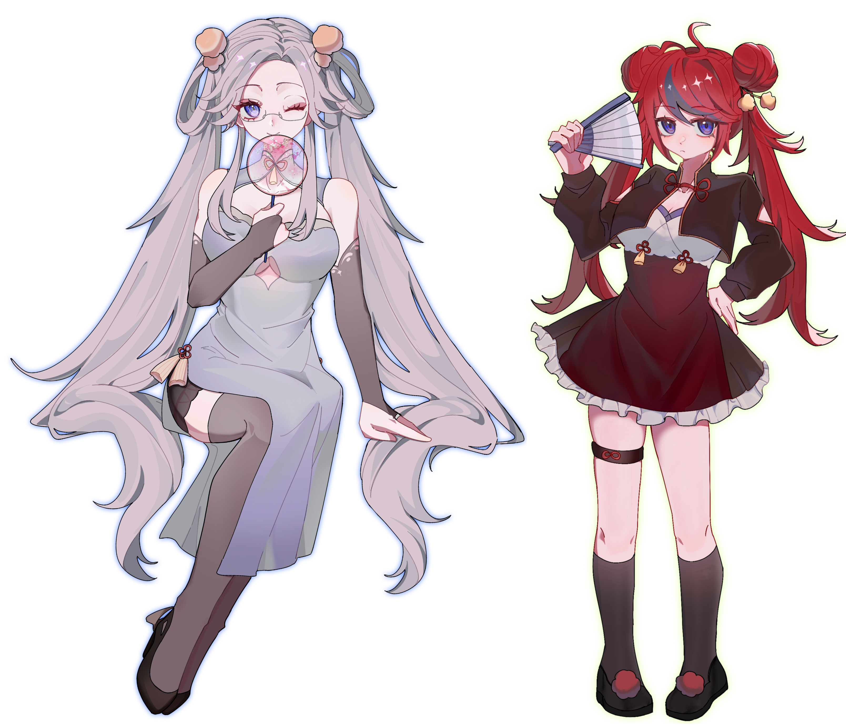 aotsuki eito, sumino takumi, the hundred line -last defense academy-, absurdres, chinese commentary, commentary request, highres, 2girls, ;), ahoge, black hair, black jacket, black shoes, black skirt, blue eyes, breasts, china dress, chinese clothes, cleavage, cleavage cutout, closed mouth, clothing cutout, cropped jacket, double bun, dress, elbow gloves, expressionless, eyelashes, fingerless gloves, flower knot, folding fan, frilled skirt, frills, full body, genderswap, genderswap (mtf), glasses, gloves, grey dress, grey gloves, grey thighhighs, hair bun, hair ornament, hair rings, hand fan, hand on own hip, high-waist skirt, holding, holding fan, invisible chair, jacket, kneehighs, large breasts, long hair, long sleeves, medium breasts, multicolored hair, multiple girls, nidengdaowole166, one eye closed, pom pom (clothes), pom pom hair ornament, red hair, semi-rimless eyewear, shoes, side slit, sidelocks, sitting, skirt, sleeve slit, smile, socks, streaked hair, tassel, thigh strap, thighhighs, tuanshan, twintails, two-tone hair, underboob, underboob cutout, very long hair