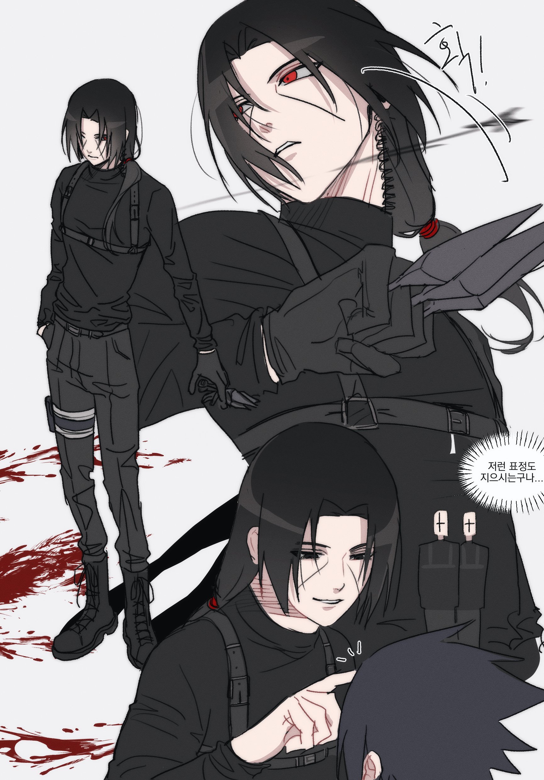 uchiha itachi, uchiha sasuke, naruto (series), absurdres, highres, 2boys, black boots, black hair, black pants, black shirt, blood, blood on ground, boots, brothers, chest harness, facial mark, finger to another's face, full body, harness, holding, holding kunai, holding weapon, kunai, long hair, low ponytail, male focus, multiple boys, multiple views, pants, parted bangs, parted lips, ponytail, ppagtu, red eyes, shirt, siblings, smile, weapon