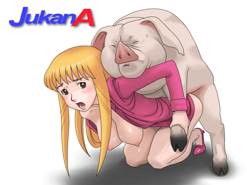 yoshino momiji, akimoto katherine reiko, jukan a extra 2, kochikame, 1girl, bent over, bestiality, blonde hair, blush, bottomless, breasts, doggystyle, kneeling, open mouth, pig, sex, sex from behind, text focus, vaginal