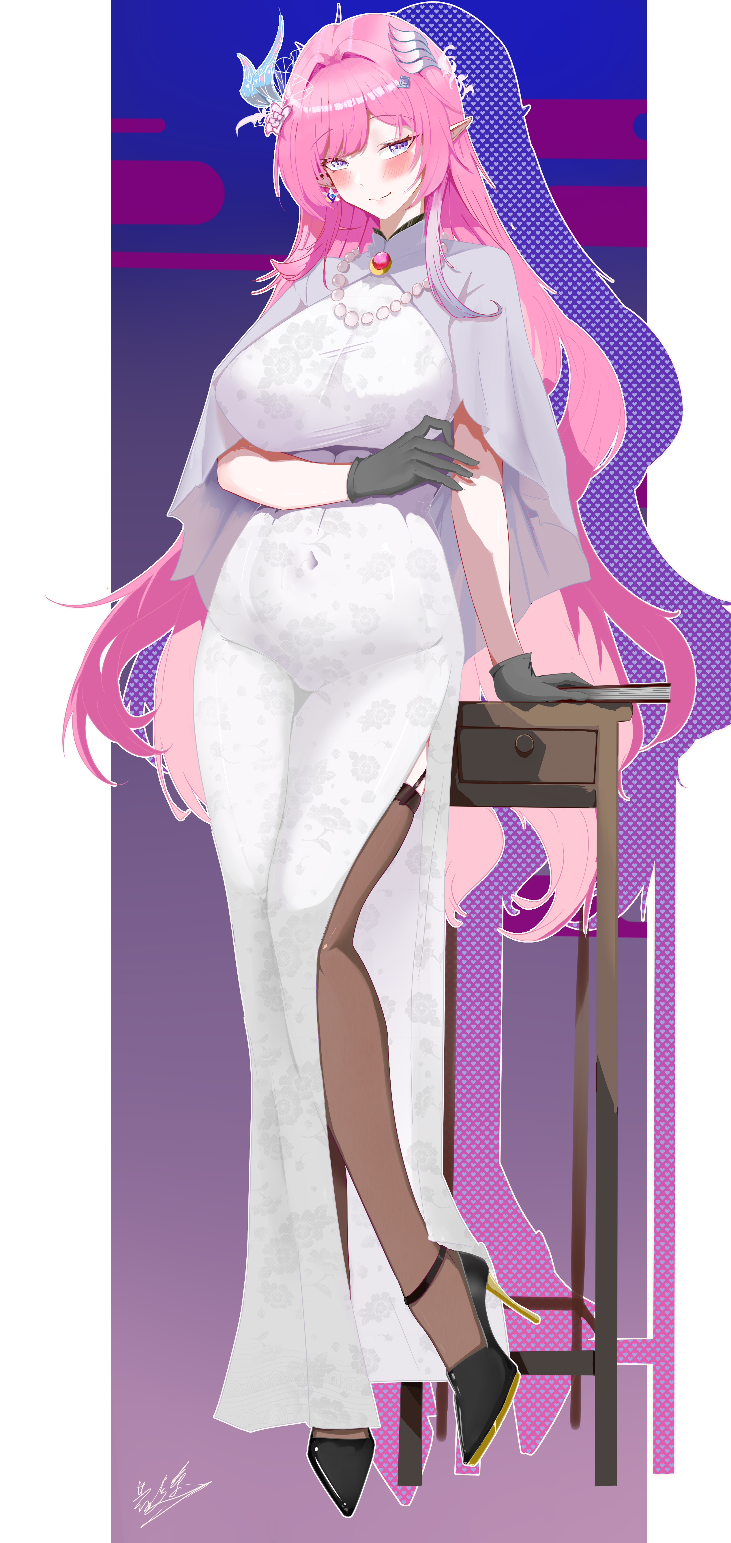 jianjia (pixiv65586691), cyrene (honkai: star rail), cyrene (ripples of past reverie) (honkai: star rail), honkai: star rail, honkai (series), absurdres, commentary request, highres, 1girl, black gloves, black thighhighs, book, border, breasts, covered navel, desk, dress, earrings, evening gown, flower, full body, gloves, hair flower, hair ornament, high heels, jewelry, large breasts, long hair, looking at viewer, pink hair, pointy ears, purple background, purple eyes, shadow, smile, solo, thighhighs, very long hair, white border