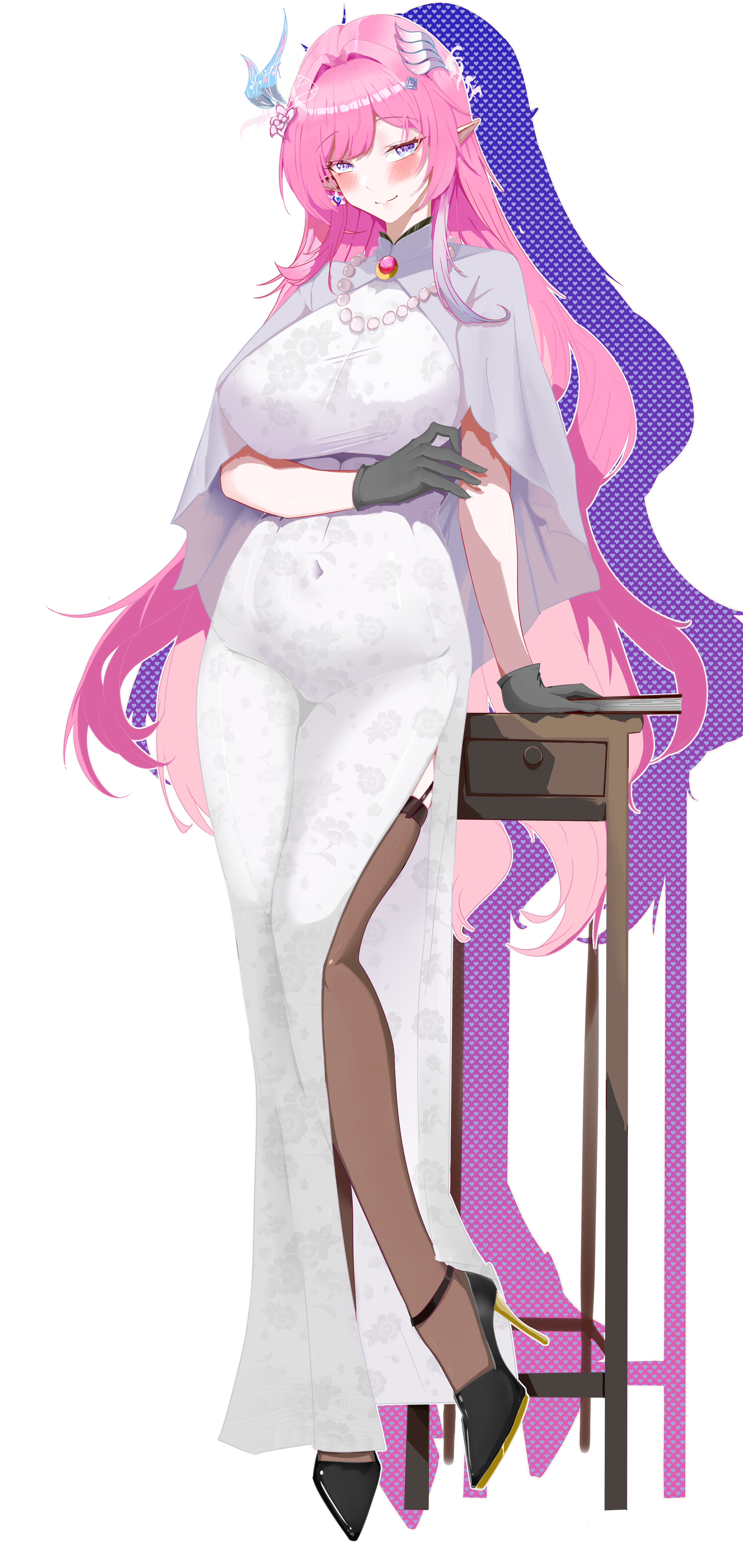 jianjia (pixiv65586691), cyrene (honkai: star rail), cyrene (ripples of past reverie) (honkai: star rail), honkai: star rail, honkai (series), absurdres, commentary request, highres, 1girl, black gloves, black thighhighs, book, breasts, covered navel, desk, dress, earrings, evening gown, flower, full body, gloves, hair flower, hair ornament, high heels, jewelry, large breasts, long hair, looking at viewer, pink hair, pointy ears, purple eyes, shadow, simple background, smile, solo, thighhighs, very long hair, white background