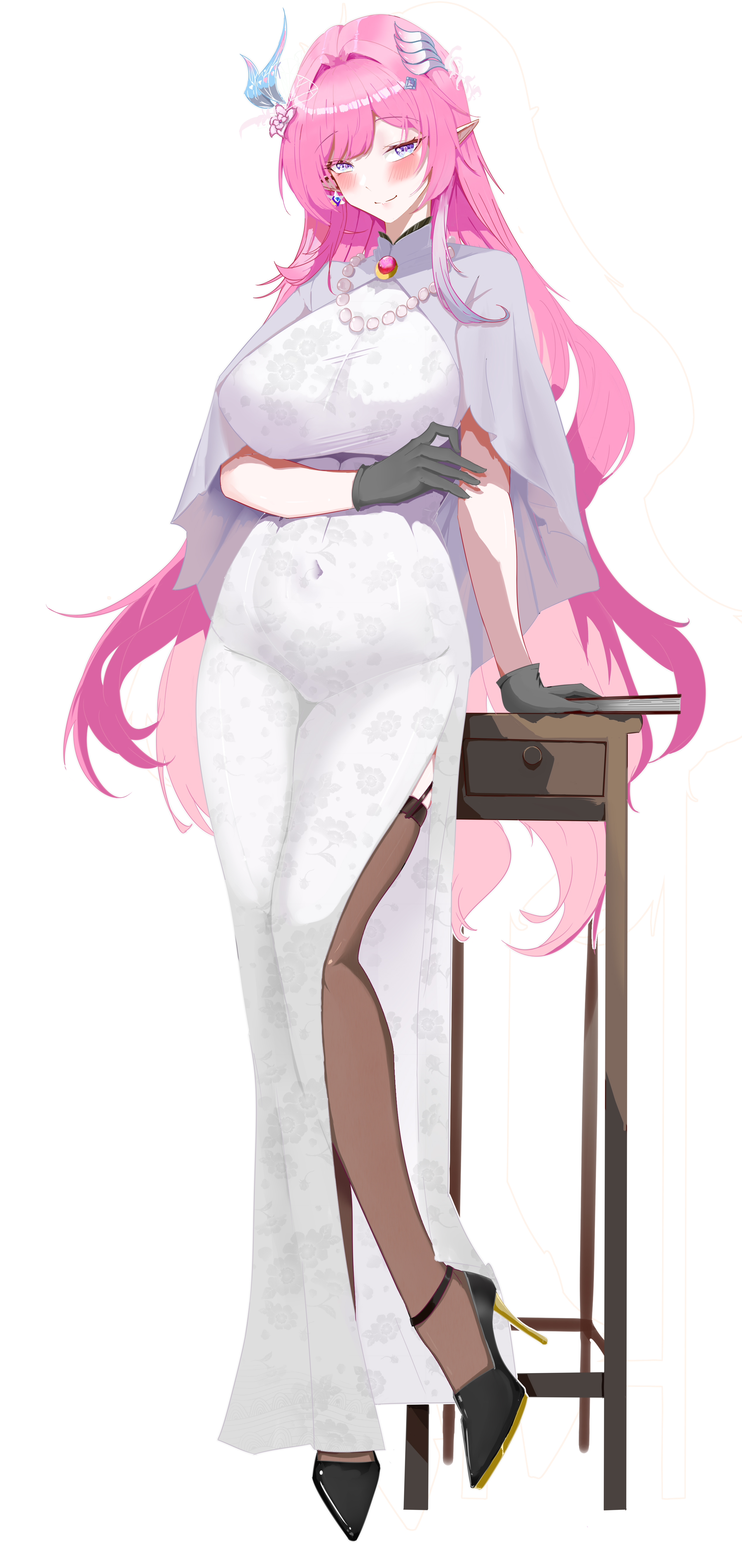 jianjia (pixiv65586691), cyrene (honkai: star rail), cyrene (ripples of past reverie) (honkai: star rail), honkai: star rail, honkai (series), absurdres, commentary request, highres, 1girl, black gloves, black thighhighs, book, breasts, covered navel, desk, dress, earrings, evening gown, flower, full body, gloves, hair flower, hair ornament, high heels, jewelry, large breasts, long hair, looking at viewer, pink hair, pointy ears, purple eyes, simple background, smile, solo, thighhighs, very long hair, white background
