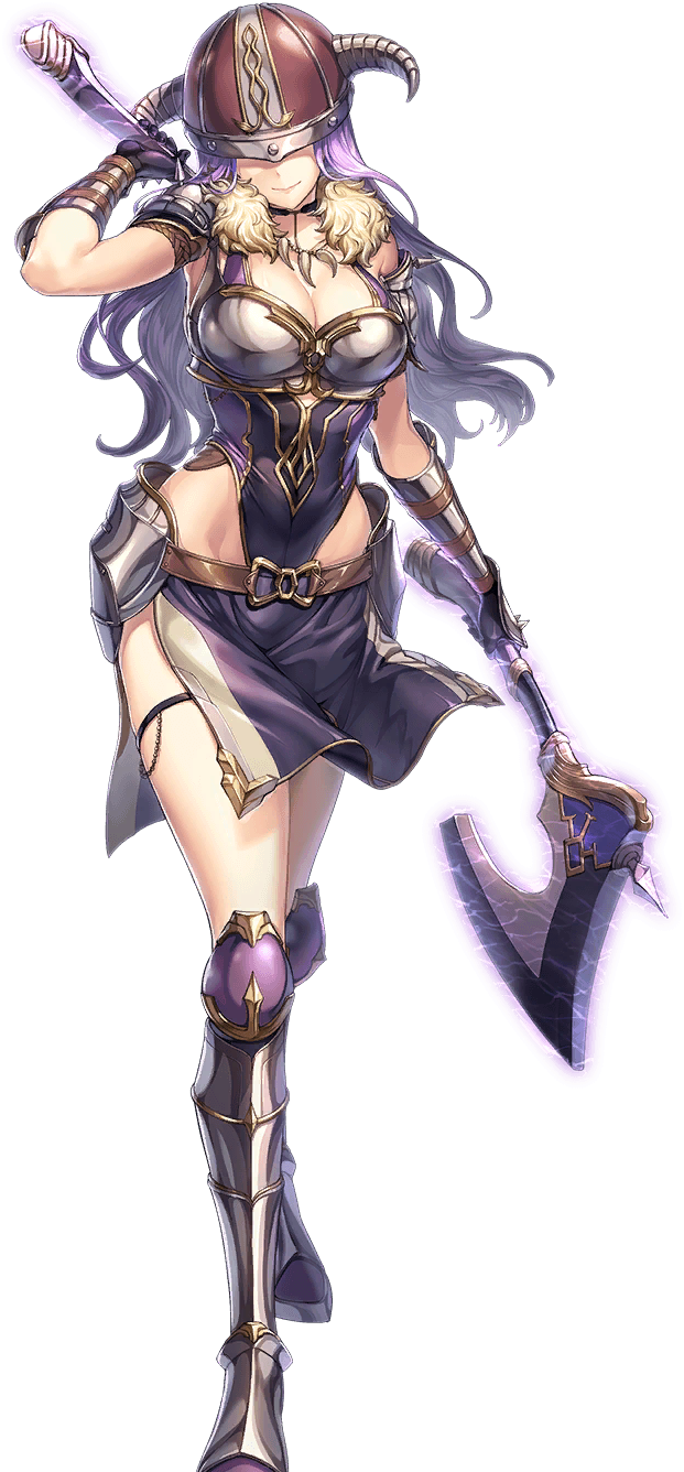 unitia, artist request, game cg, highres, official art, 1girl, armor, axe, belt, breasts, cleavage, faeling (unitia), fake horns, full body, fur trim, groin, helmet, holding, holding axe, horned helmet, horns, jewelry, light smile, necklace, no eyes, purple hair, shoulder armor, solo, tooth necklace, transparent background, viking