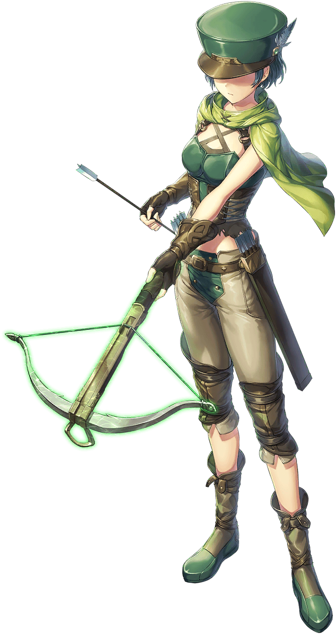 unitia, artist request, game cg, highres, official art, 1girl, arrow (projectile), belt, boots, bow (weapon), breasts, capelet, closed mouth, crossbow, feathers, fletcher (unitia), full body, green hair, holding, holding arrow, holding crossbow, holding weapon, no eyes, quiver, short hair, solo, transparent background, weapon