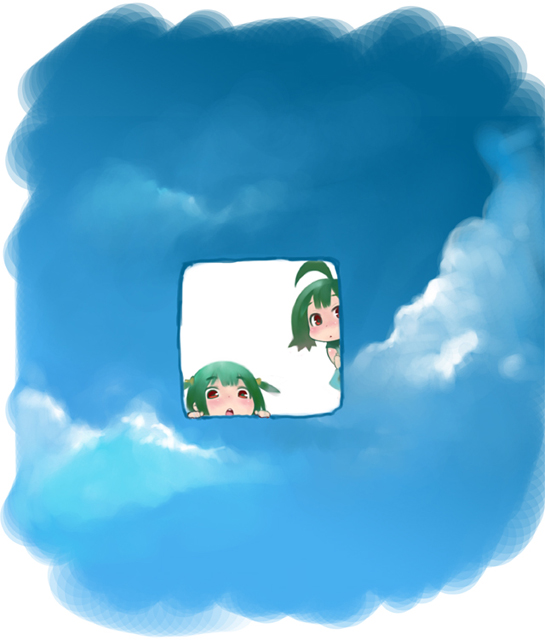 oohara kyuutarou, 2girls, :o, ahoge, blush, child, cloud, female focus, green hair, multiple girls, peeking, peeking out, red eyes, red hair, short twintails, sky, staring, twintails, window
