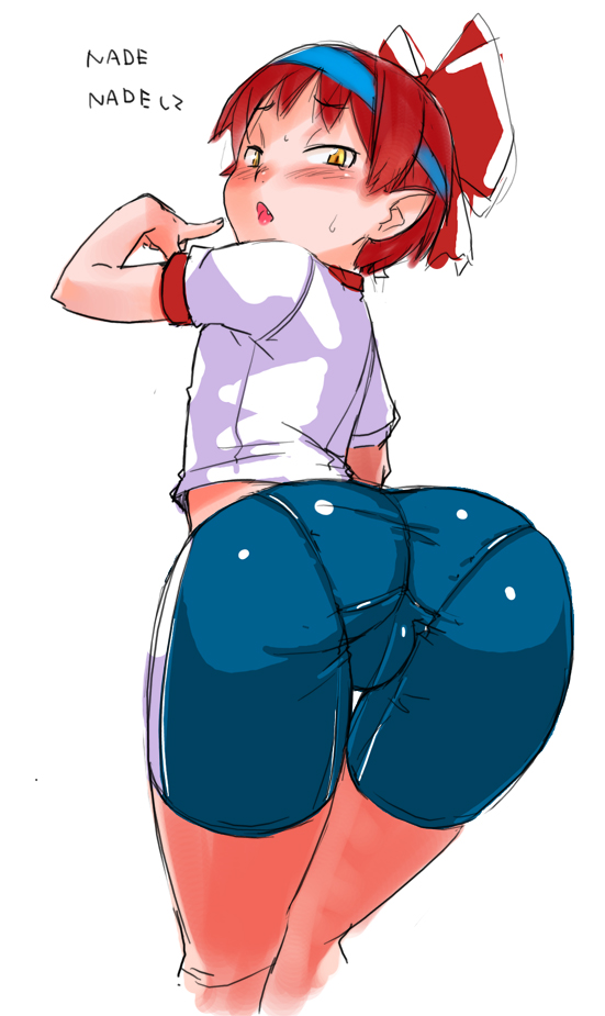 oohara kyuutarou, nekomusume, gegege no kitarou, toei company, translation request, 1girl, ass, ass focus, bent over, bike shorts, blush, bow, buruma, cameltoe, female focus, gym uniform, hair bow, hairband, loli, looking back, pantylines, pointy ears, red hair, short hair, solo