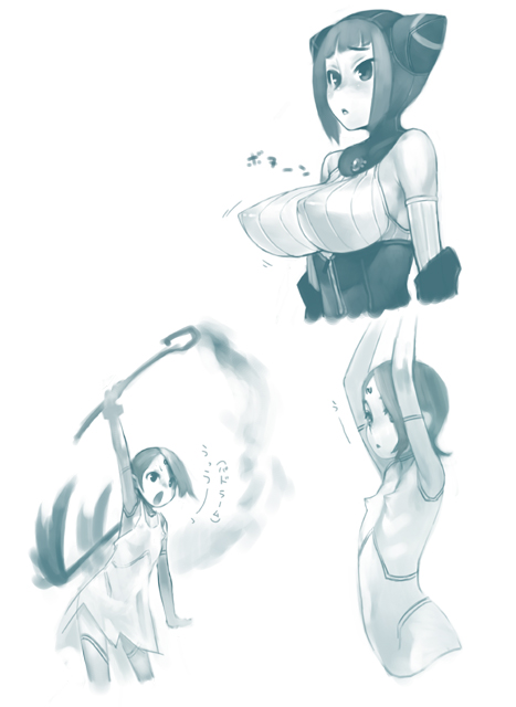 lin, oohara kyuutarou, lin (breath of fire), nina (breath of fire v), breath of fire, breath of fire v, capcom, 2girls, aqua theme, armpits, blue theme, breasts, flat chest, huge breasts, impossible clothes, large breasts, monochrome, multiple girls