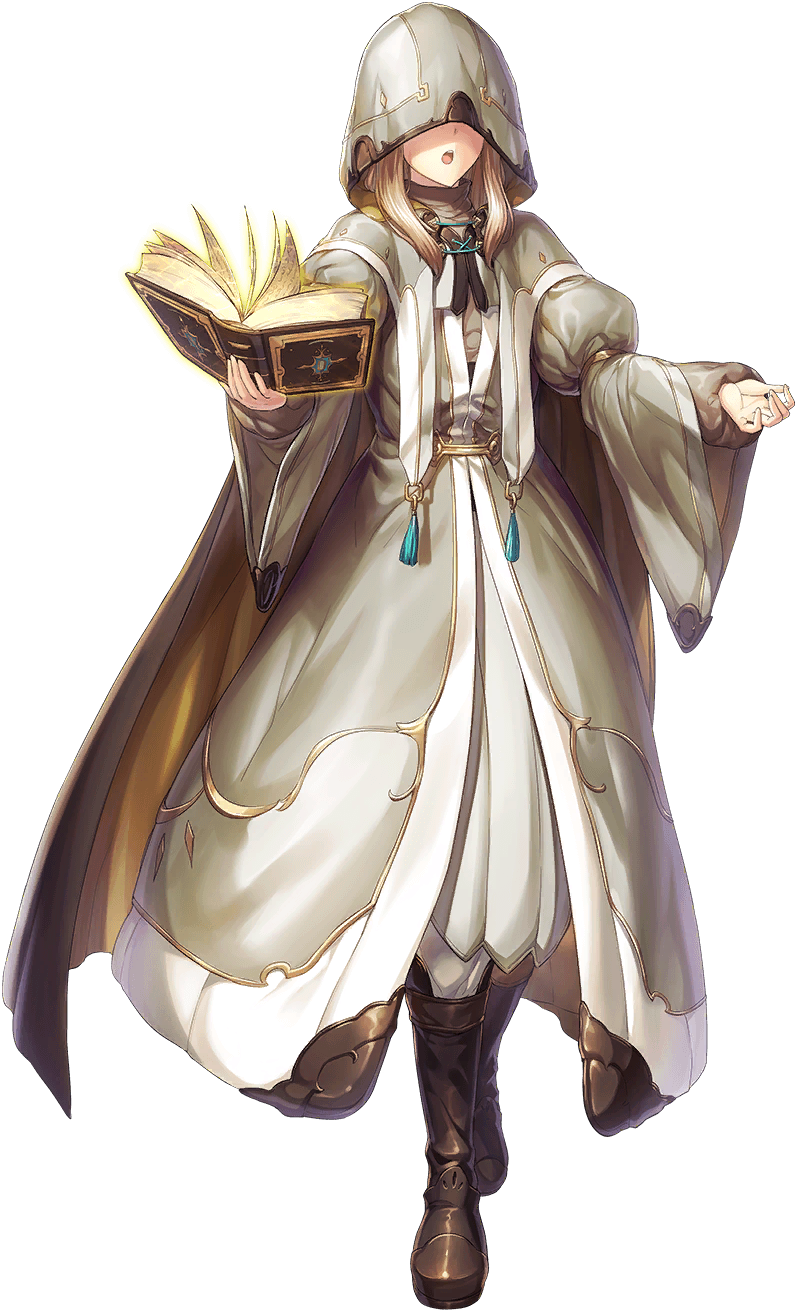 unitia, artist request, game cg, highres, official art, 1girl, blonde hair, book, boots, breasts, full body, glimmer (unitia), holding, holding book, hood, hood up, long sleeves, no eyes, priest, puffy sleeves, solo, teeth, transparent background, upper teeth only