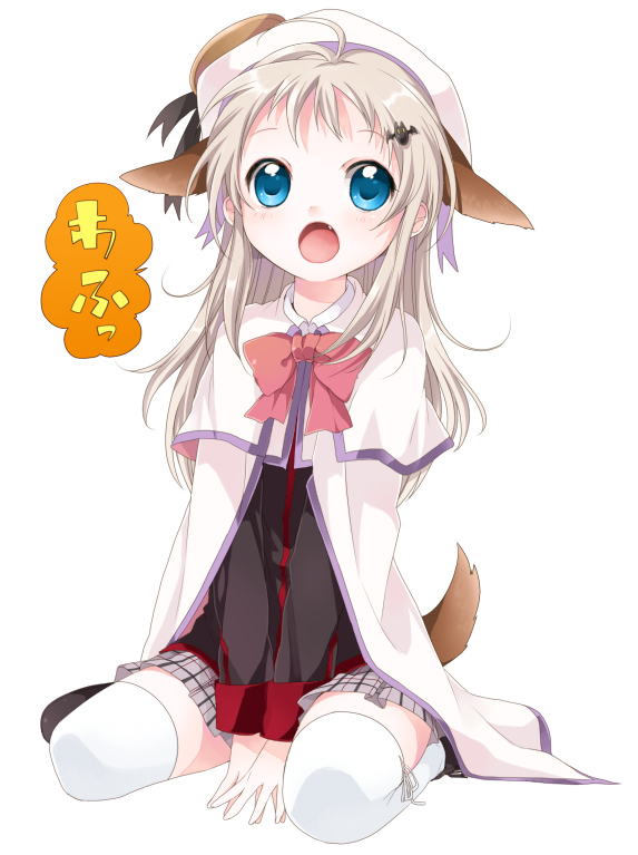namori, noumi kudryavka, little busters!, silver hair, 1girl, animal ears, aqua eyes, beret, blue eyes, bow, buttons, cape, child, dog ears, dog tail, fang, female focus, hair ornament, hairclip, hat, long hair, pink bow, plaid clothes, plaid skirt, ribbon, school uniform, sitting, skirt, solo, speech bubble, tail, thighhighs, v arms, wariza, white thighhighs, woof