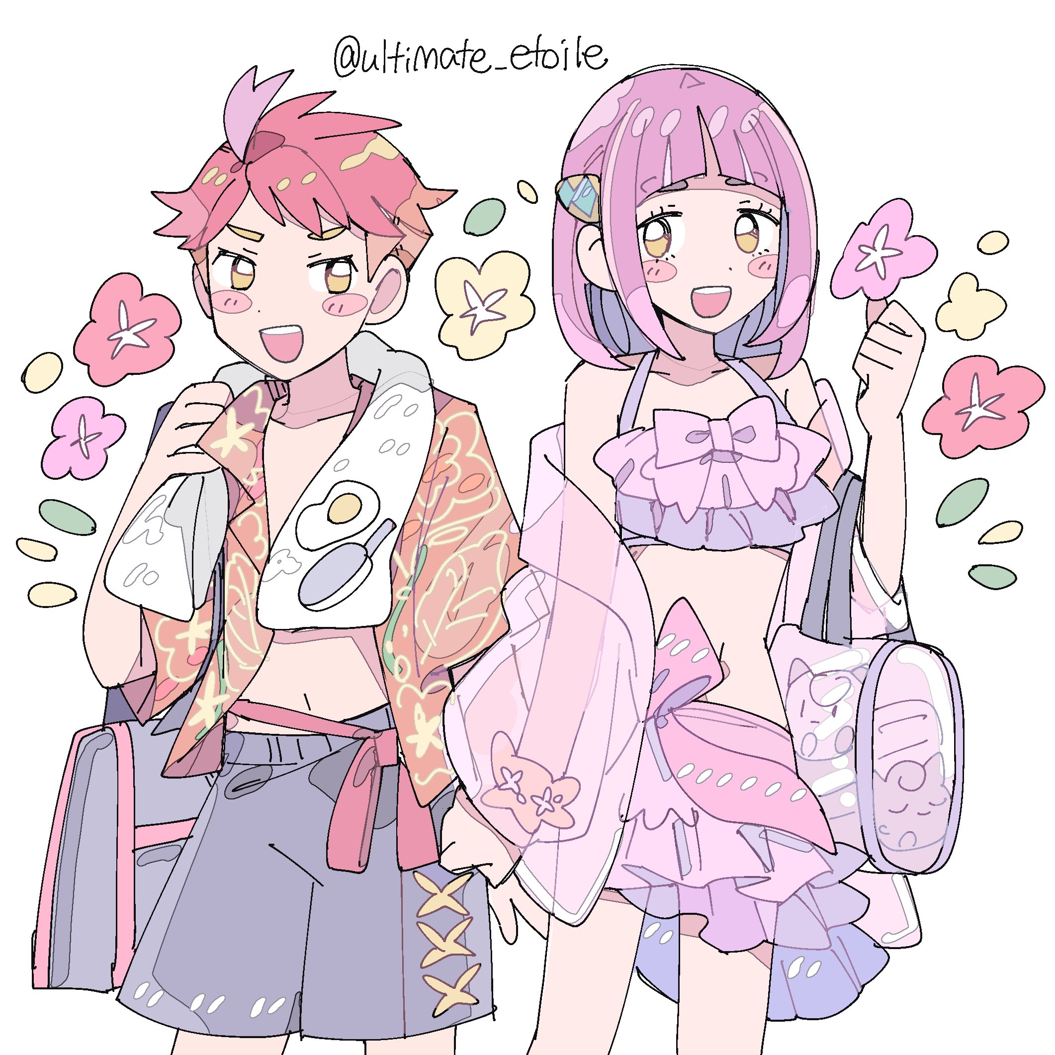 remoooon, lacey (pokemon), nintendo, pokemon, pokemon sv, highres, 1boy, 1girl, :d, ahoge, alternate costume, arched bangs, bag, bikini, blush stickers, bow, flower, grey shorts, hair ornament, hairclip, jacket, looking at another, multicolored hair, open mouth, orange hair, orange jacket, pink bikini, pink bow, pink flower, pink hair, pink jacket, pink skirt, red flower, red hair, red ribbon, ribbon, see-through clothes, see-through jacket, short hair, shorts, shoulder bag, simple background, skirt, smile, standing, swimsuit, towel, towel around neck, two-tone hair, upper body, white background, yellow eyes, yellow flower