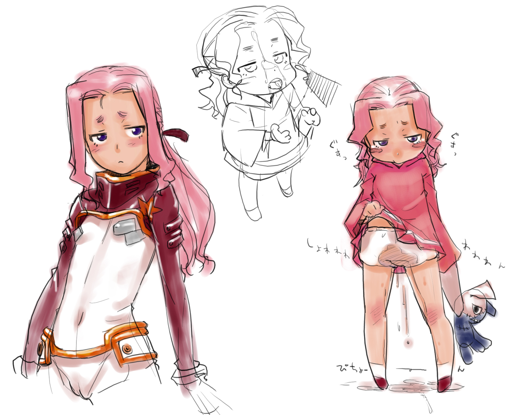 oohara kyuutarou, darry adai, tengen toppa gurren lagann, highres, 00s, 1boy, 1girl, :>, bloomers, blush, bodysuit, cum, cum on body, facial, flat chest, hetero, loli, multiple views, pee, peeing, penis, pink hair, red bodysuit, sketch, solo focus, underwear, white bodysuit