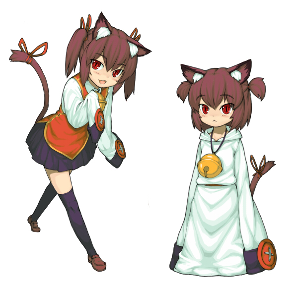 sajipen, 2girls, animal ears, bell, brown hair, cat ears, cat girl, cat tail, female focus, long sleeves, multiple girls, oversized clothes, red eyes, shoes, simple background, skirt, sleeves past wrists, standing, tail, thighhighs