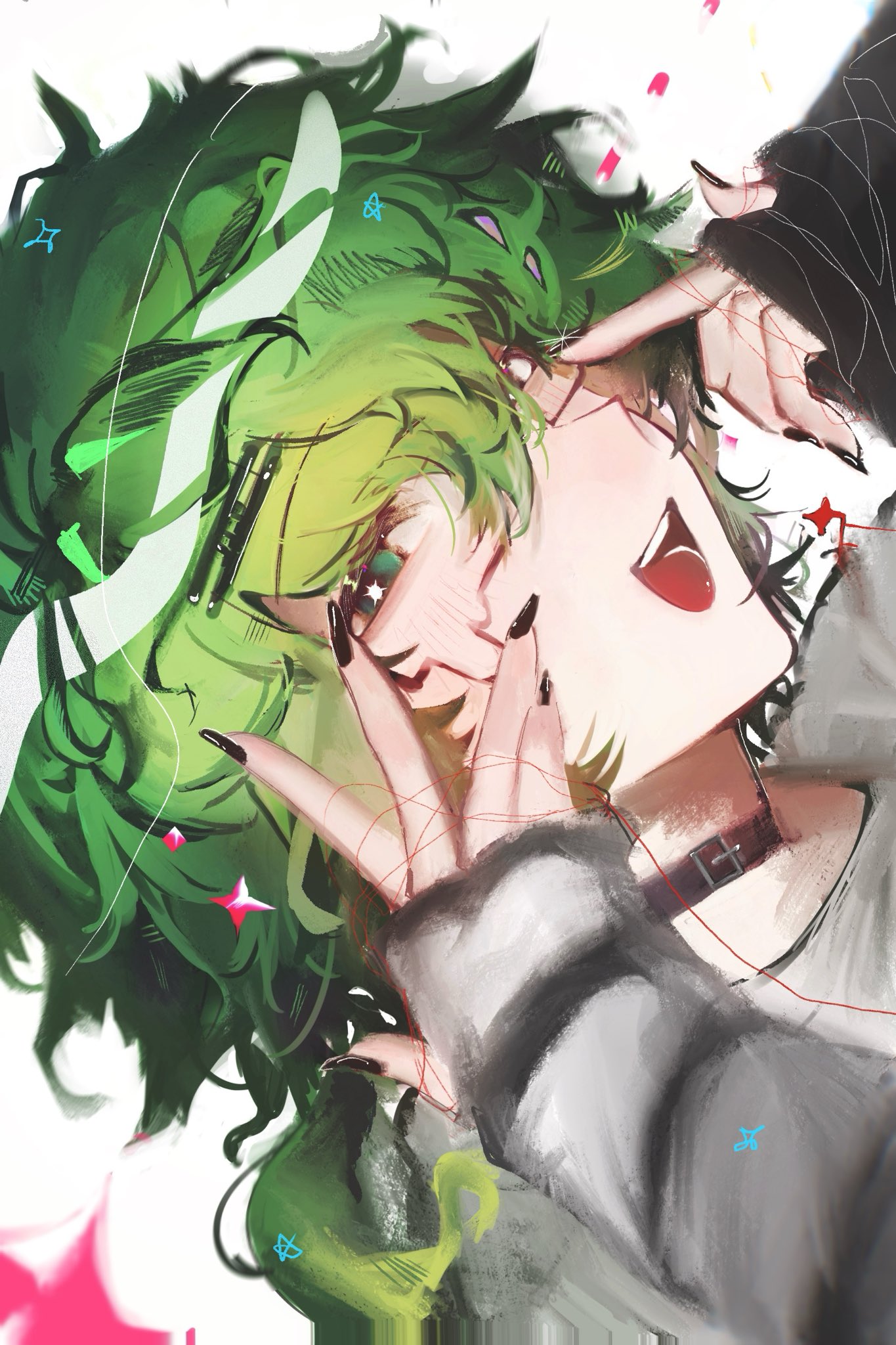 midori (kimi ga shine), kimi ga shine, highres, 1boy, :d, adjusting eyewear, asymmetrical sleeves, belt collar, black-framed eyewear, black collar, black nails, black sleeves, collar, glasses, green eyes, green hair, hair ornament, hairclip, hand on own face, hands up, looking at viewer, low side ponytail, male focus, mismatched sleeves, open mouth, parallel hairclips, pof h0, portrait, shirt, short hair, sideways, simple background, smile, solo, star-shaped pupils, star (symbol), striped sleeves, symbol-shaped pupils, teardrop-framed glasses, white background, white shirt