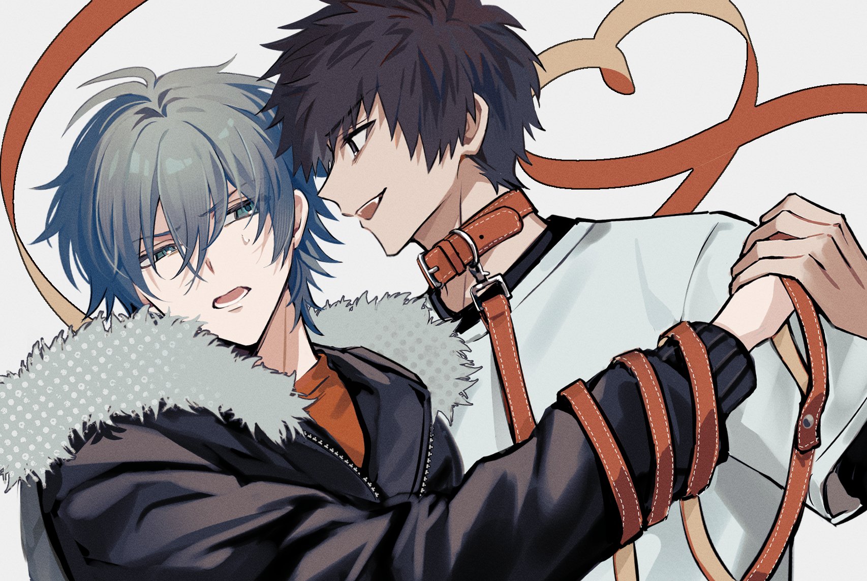 akira (togainu no chi), keisuke (togainu no chi), togainu no chi, highres, 2boys, 4k10r1, ahoge, black jacket, brown eyes, brown hair, fur-trimmed jacket, fur trim, grey eyes, grey hair, hair between eyes, hand grab, heart, holding, holding leash, jacket, leash, long sleeves, looking at another, lower teeth only, male focus, multiple boys, open mouth, orange shirt, portrait, shirt, short hair, simple background, sweatdrop, teeth, upper teeth only, white background, white shirt, yaoi
