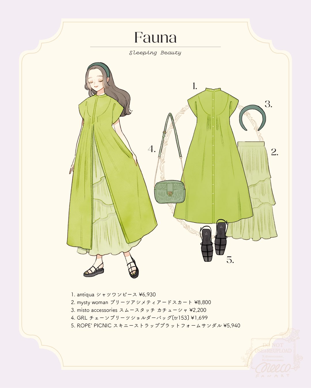 meecosme, sleeping beauty (disney), highres, 1girl, adapted costume, alternate hairstyle, blonde hair, brown hair, closed eyes, closed mouth, contemporary, dress, fauna (disney), long hair, looking at viewer, makeup, simple background, smile, solo, white background