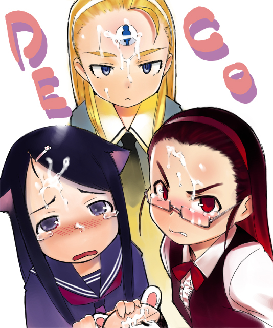 oohara kyuutarou, character request, source request, 3girls, angry, animal ears, black hair, blonde hair, blue hair, blush, brown hair, cat ears, cum, cum on body, facial, forehead, glasses, hairband, loli, multiple girls, red eyes, red hair, tears