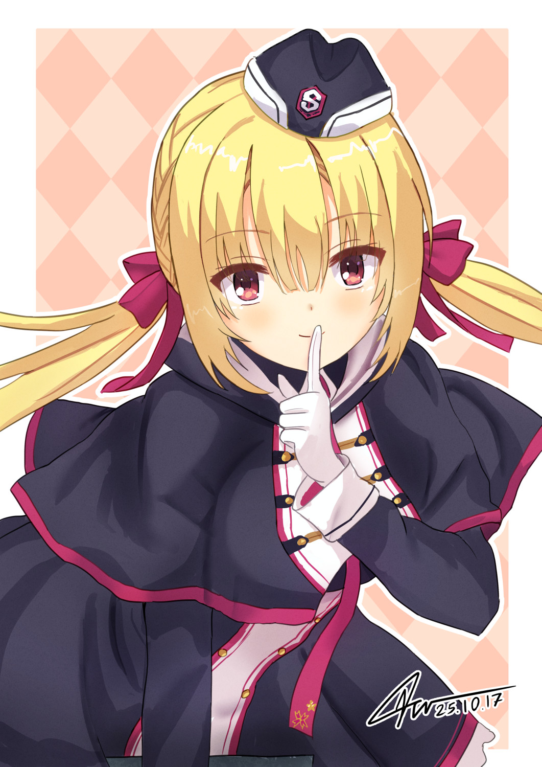 nowa2109, arihara nanami, riddle joker, commentary request, highres, partial commentary, 1girl, argyle background, black capelet, black dress, black hat, blonde hair, blunt bangs, blush, border, bow, buttons, capelet, closed mouth, cowboy shot, dated, double-breasted, dress, eyes visible through hair, finger to mouth, garrison cap, gloves, hair between eyes, hair bow, hair ribbon, hand up, happy, hat, index finger raised, leaning forward, long hair, long sleeves, looking at viewer, low twintails, outline, outside border, pink background, red bow, red eyes, red ribbon, ribbon, sidelocks, signature, simple background, smile, solo, twintails, white border, white gloves, white outline