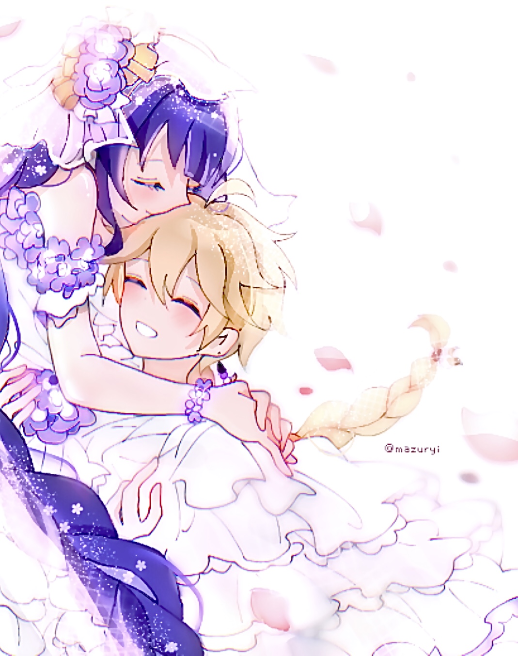 mazuryi kana, aether (genshin impact), raiden shogun, genshin impact, commentary, english commentary, highres, 1boy, 1girl, ahoge, alternate costume, alternate universe, bare shoulders, blunt bangs, bracelet, braid, bridal veil, carrying, carrying person, cherry blossoms, closed eyes, closed mouth, couple, dress, earrings, falling petals, flower, flower ornament, friends, frilled dress, frills, glowing, hair between eyes, hair flowing over, hair ornament, happy, heads together, hetero, jewelry, leaning forward, leaning to the side, light blush, light smile, long hair, multicolored hair, no mole, off shoulder, parted lips, petals, pink background, pink petals, princess carry, purple flower, purple hair, see-through clothes, see-through veil, single braid, single earring, smile, standing, streaked hair, teeth, veil, wedding, wedding dress, white dress, white veil, wind