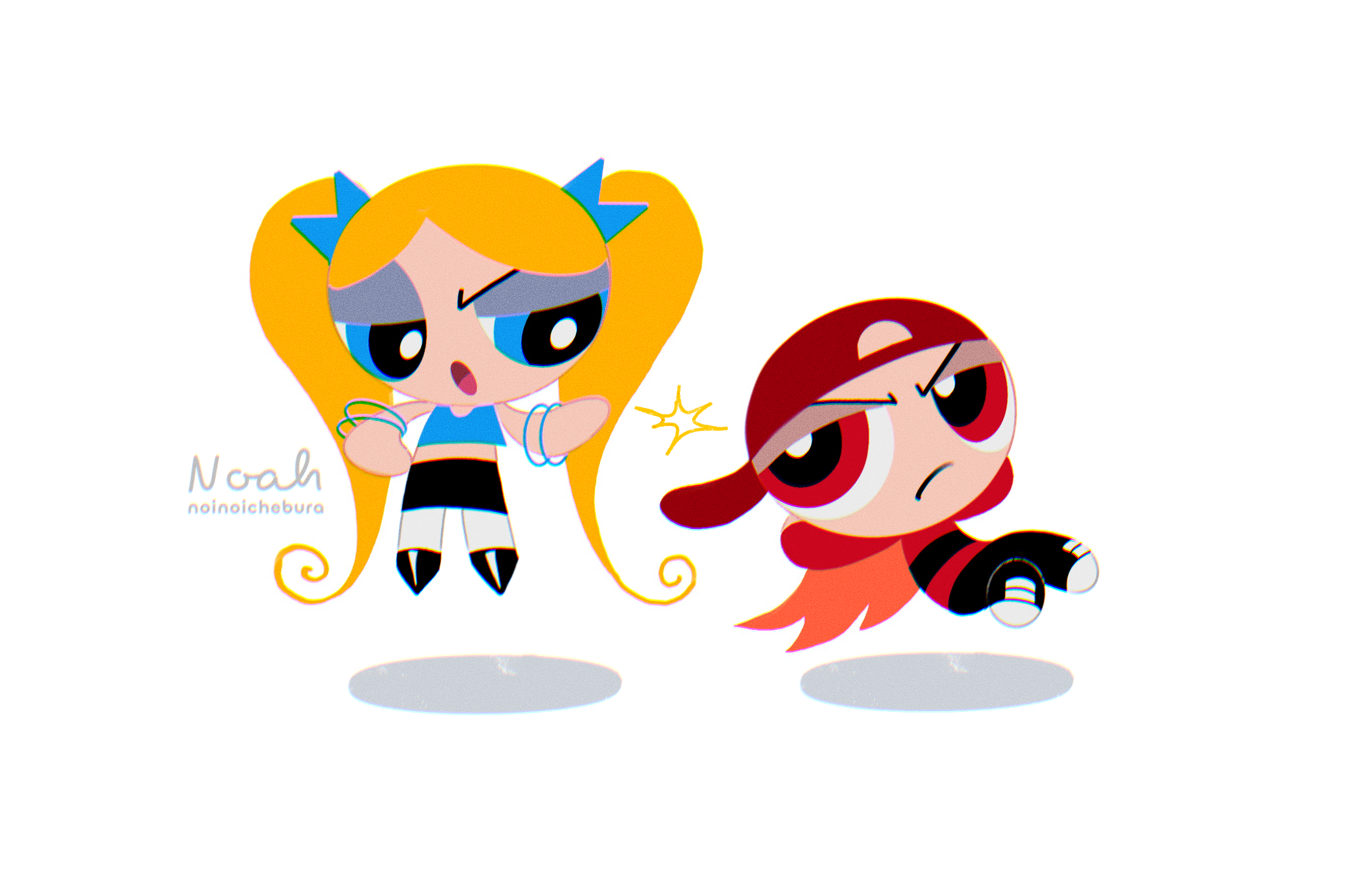 noah (rokoroko), brat (ppg), brick (ppg), dc comics, powerpuff girls, commentary request, highres, 1boy, 1girl, arms behind head, artist name, backwards hat, bangle, baseball cap, black pants, black shoes, black skirt, blonde hair, blue bow, blue eyes, blue shirt, bow, bracelet, crop top, dc powerpuff girls, floating, frown, full body, furrowed brow, hair bow, hand on own hip, hat, jewelry, looking at another, midriff, open mouth, orange hair, pants, pantyhose, red eyes, red hat, red shirt, shirt, shoes, skirt, sneakers, twintails, white background, white pantyhose
