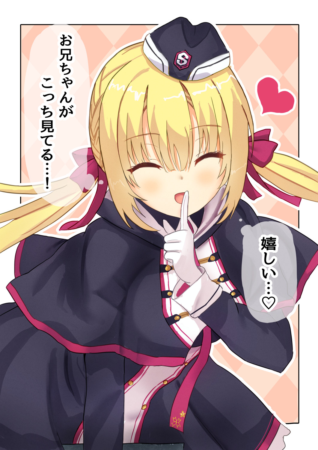nowa2109, arihara nanami, riddle joker, commentary request, highres, partial commentary, translation request, 1girl, :d, ^ ^, argyle background, black capelet, black dress, black hat, blonde hair, blunt bangs, blush, border, bow, buttons, capelet, closed eyes, cowboy shot, double-breasted, dress, eyes visible through hair, facing viewer, finger to mouth, garrison cap, gloves, hair between eyes, hair bow, hair ribbon, hand up, happy, hat, heart, index finger raised, leaning forward, long hair, long sleeves, low twintails, open mouth, outline, outside border, pink background, red bow, red ribbon, ribbon, sidelocks, simple background, smile, solo, speech bubble, thought bubble, twintails, white border, white gloves, white outline