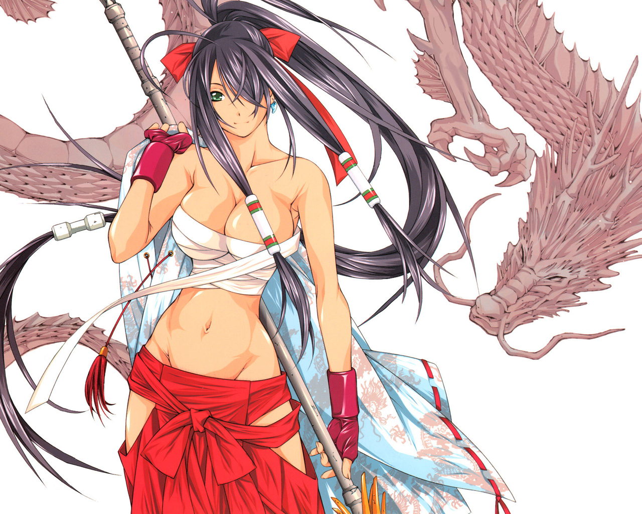 shiozaki yuji, kan'u unchou, ikkitousen, 00s, 1girl, black hair, breasts, cleavage, dragon, fingerless gloves, gloves, green eyes, groin, hair over one eye, large breasts, long hair, low-tied long hair, midriff, navel, polearm, ponytail, sarashi, undressing, very long hair, weapon