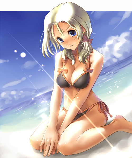 katahira masashi, original, 1girl, barefoot, beach, bikini, black bikini, blue eyes, breasts, cleavage, day, dutch angle, earrings, female focus, hair ribbon, jewelry, large breasts, outdoors, ribbon, side-tie bikini bottom, sitting, solo, swimsuit, wariza, white hair