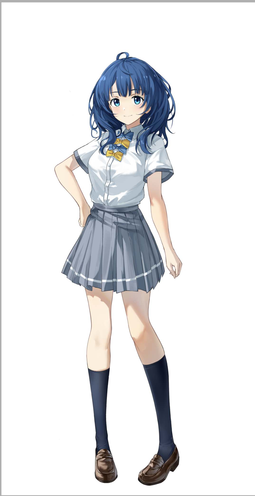 geez, yanami anna, make heroine ga oo sugiru!, commentary request, highres, 1girl, black socks, blue bow, blue bowtie, blue eyes, blue hair, bow, bowtie, breasts, brown shoes, closed mouth, full body, grey skirt, hand on own hip, kneehighs, loafers, long hair, looking at viewer, medium breasts, pleated skirt, school uniform, shirt, shoes, short sleeves, simple background, skirt, smile, socks, solo, tsuwabuki high school uniform, white background, white shirt, yellow bow, yellow bowtie