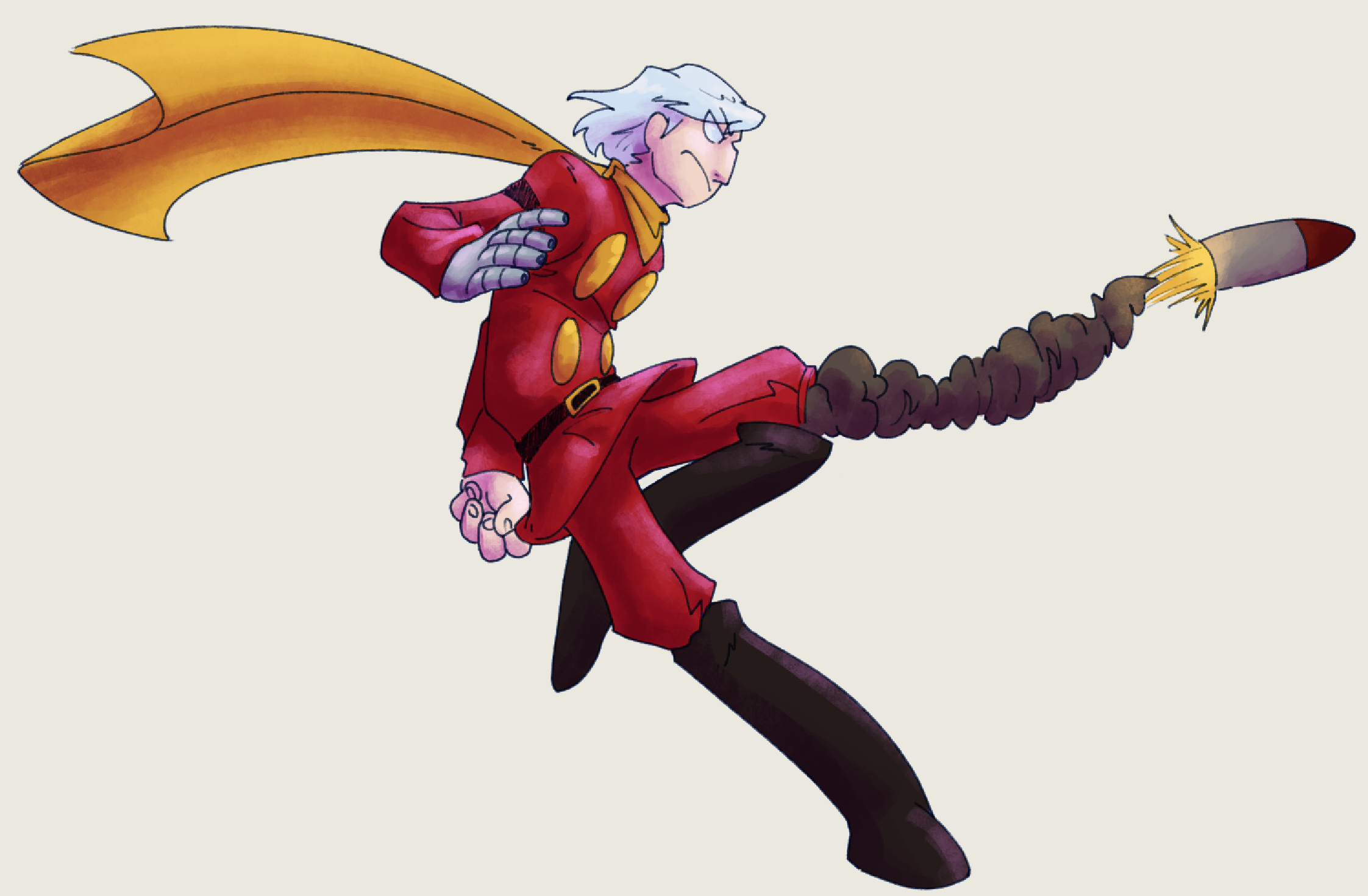 albert heinrich, cyborg 009, highres, angry, attack, beesgav, belt, big nose, black belt, black boots, boots, coat, cyborg, dynamic pose, grey hair, male focus, mechanical hands, military uniform, missile, pants, red coat, red pants, scarf, short hair, soldier, yellow scarf