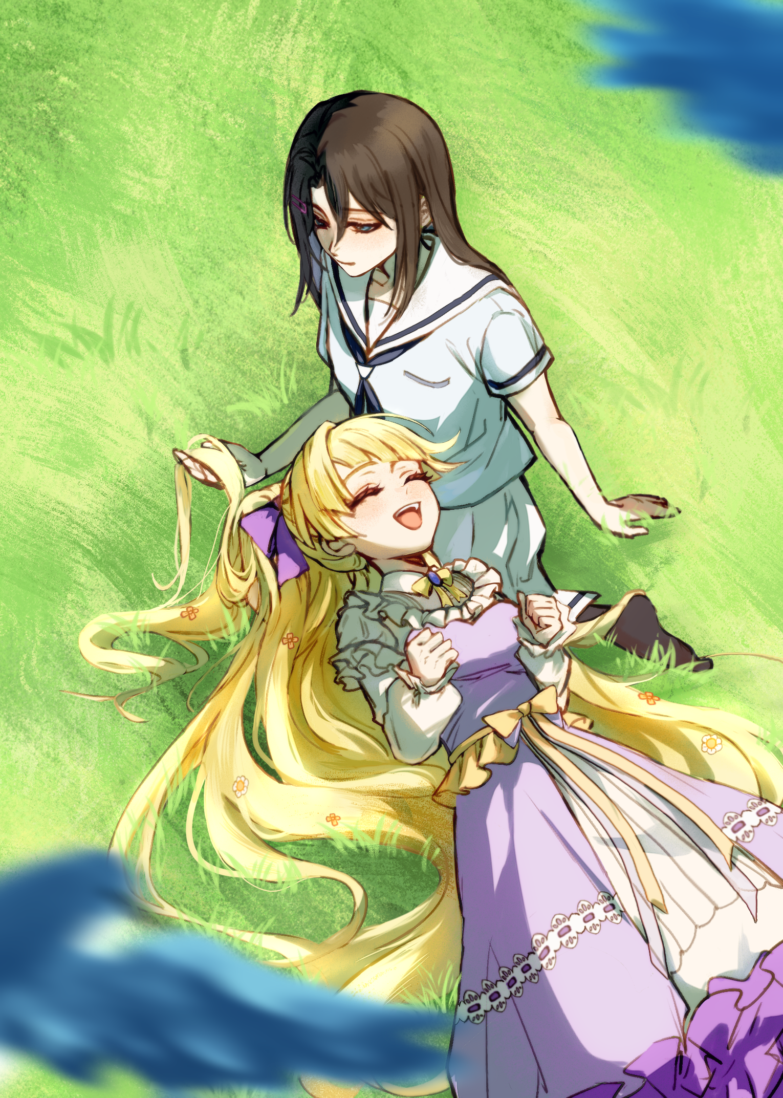 okusawa misaki, tsurumaki kokoro, bang dream!, chinese commentary, commentary request, highres, 2girls, black neckerchief, blue eyes, blurry, blurry foreground, bow, brown hair, closed eyes, closed mouth, colored eyelashes, day, dress, flower, from above, grass, hair bow, hair ornament, hairclip, kaopu02112, long hair, long sleeves, multiple girls, neckerchief, on grass, open mouth, orange flower, outdoors, purple bow, purple dress, sailor collar, sailor shirt, school uniform, serafuku, shirt, sitting, skirt, smile, teeth, upper teeth only, very long hair, white serafuku, white shirt, white skirt