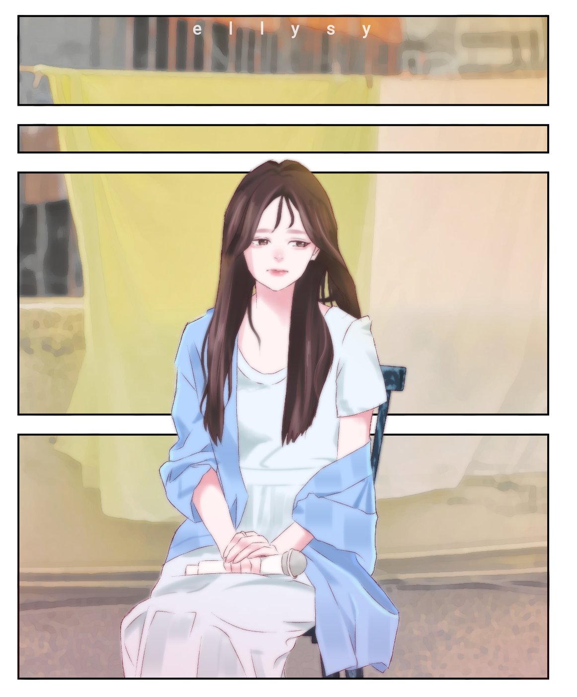 umji (gfriend), gfriend, commentary, highres, 1girl, artist name, brown eyes, brown hair, celebczes, closed mouth, dress, holding, holding microphone, long dress, long hair, looking to the side, microphone, outdoors, sitting, solo, viviz, white dress