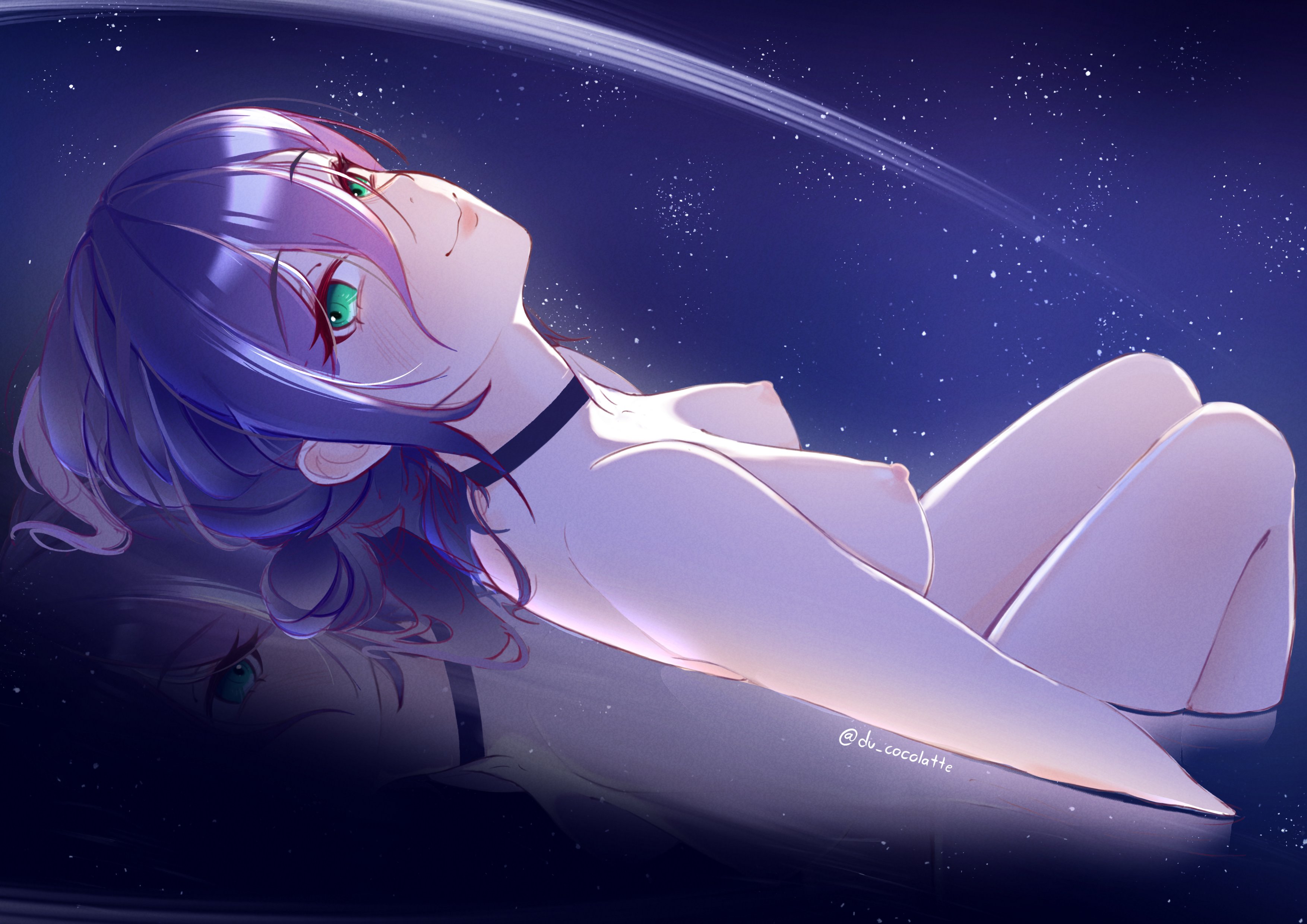 reze (chainsaw man), chainsaw man, absurdres, commentary, commentary request, highres, mixed-language commentary, 1girl, black choker, breasts, choker, completely nude, du cocolatte, dutch angle, green eyes, light smile, lips, looking at viewer, lying, medium breasts, medium hair, nipples, nude, on back, partially submerged, perky breasts, puffy nipples, purple hair, sidelocks, smile, solo, star (sky), twitter username