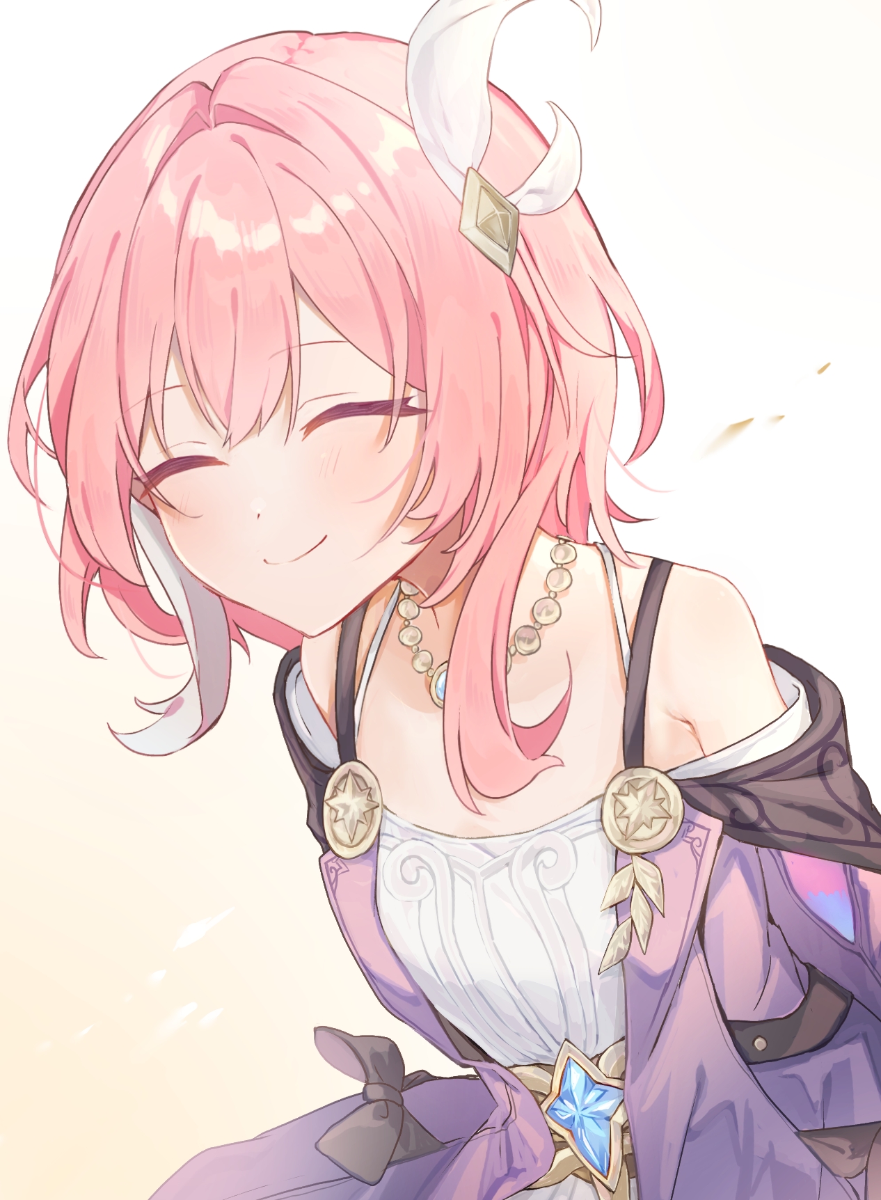 haru (eharuru 32), cyrene (honkai: star rail), honkai: star rail, honkai (series), commentary, highres, symbol-only commentary, 1girl, bare shoulders, breasts, coat, cyrene (aedes elysiae) (honkai: star rail), dress, hair ornament, jewelry, multicolored hair, necklace, pink hair, purple coat, short hair, simple background, small breasts, smile, solo, two-tone hair, white background, white dress, white hair