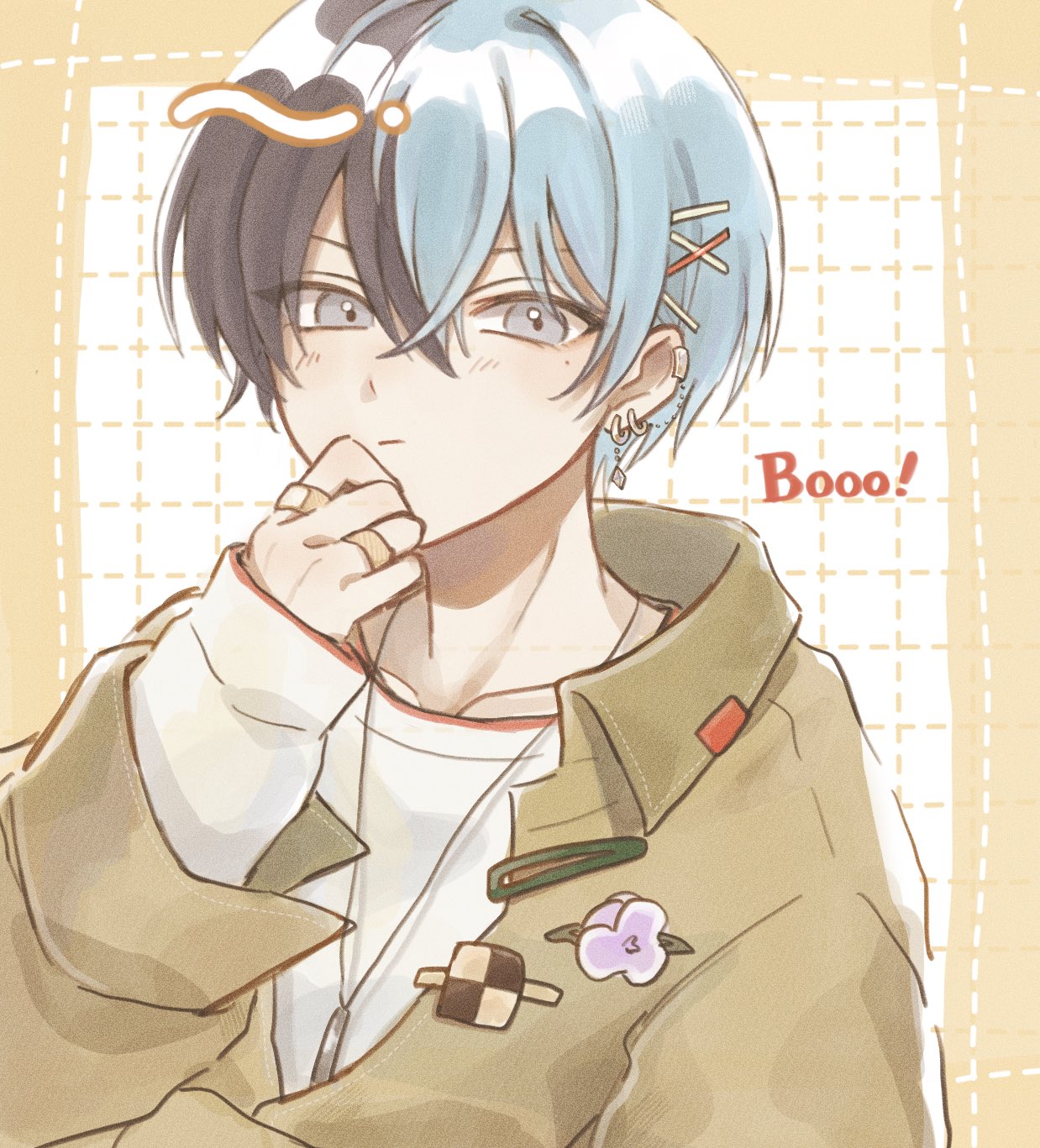 aoyagi touya, project sekai, commentary request, highres, 1boy, bandaid, bandaid on finger, bandaid on hand, blue hair, booo! (vocaloid), closed mouth, collared shirt, copyright name, crew neck, earrings, hair between eyes, hair ornament, hairpin, hand up, jewelry, layered clothes, long sleeves, looking at viewer, male focus, mole, mole under eye, multicolored hair, multiple hairpins, necklace, official alternate costume, ron!, shirt, short hair, solo, split-color hair, two-tone hair, upper body