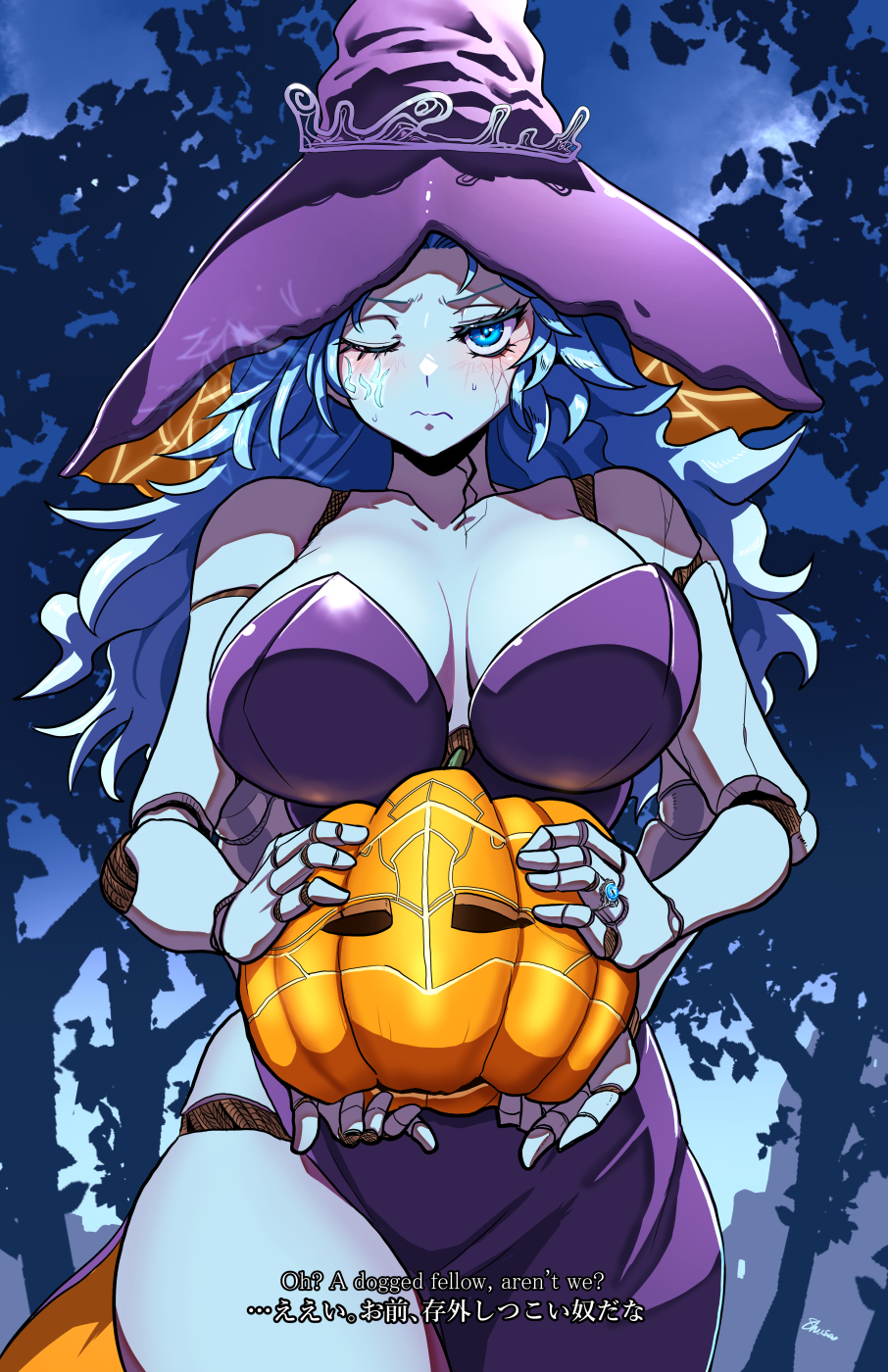 fujioka yatsufusa, ranni the witch, tarnished (elden ring), elden ring, highres, 1girl, blue eyes, blue hair, blue skin, breasts, closed mouth, colored skin, cracked skin, doll joints, dress, english text, extra arms, extra faces, halloween, halloween costume, hat, holding, jack-o'-lantern, joints, large hat, long hair, looking at viewer, moon, night, night sky, one eye closed, pumpkin, purple hat, sky, solo, subtitled, white hat, witch, witch hat