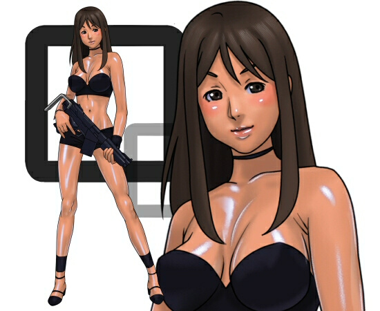 yoshino momiji, jukan a extra 5, 1girl, blush, breasts, brown hair, cleavage, gun, long hair, midriff, weapon