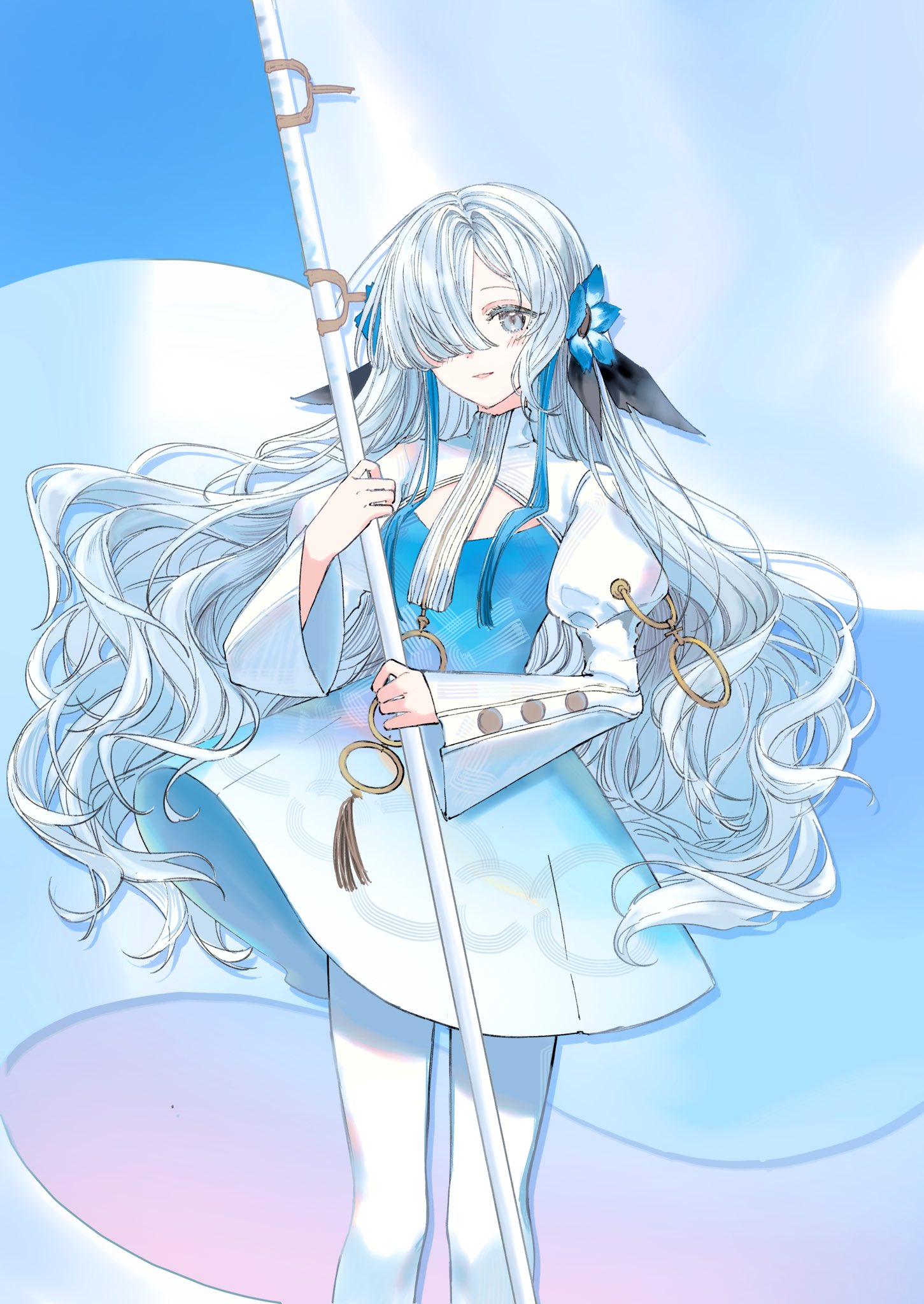 matchafuanko, isekaijoucho, kamitsubaki studio, highres, 1girl, dress, flag, flower, hair flower, hair ornament, hair over one eye, holding, holding flag, long hair, looking at viewer, multicolored hair, pantyhose, smile, solo, two-tone hair, very long hair, wavy hair, white eyes, white hair, white pantyhose