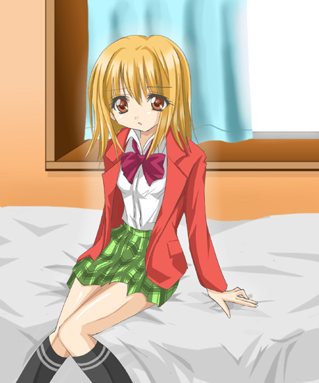 randou masashi, pretty face, 1boy, bed, bed sheet, blonde hair, blush, bow, bowtie, crossdressing, crossdressing (mtf), curtains, long hair, long sleeves, looking at viewer, male focus, on bed, red bow, red bowtie, sitting, solo, tareme, trap, window