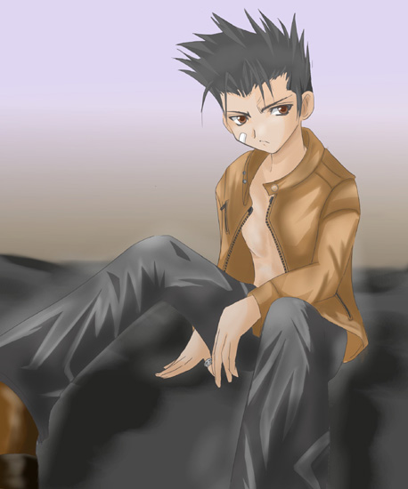 randou masashi, pretty face, 1boy, black hair, brown eyes, expressionless, long sleeves, looking at viewer, looking to the side, male focus, pants, sitting, solo, spiked hair