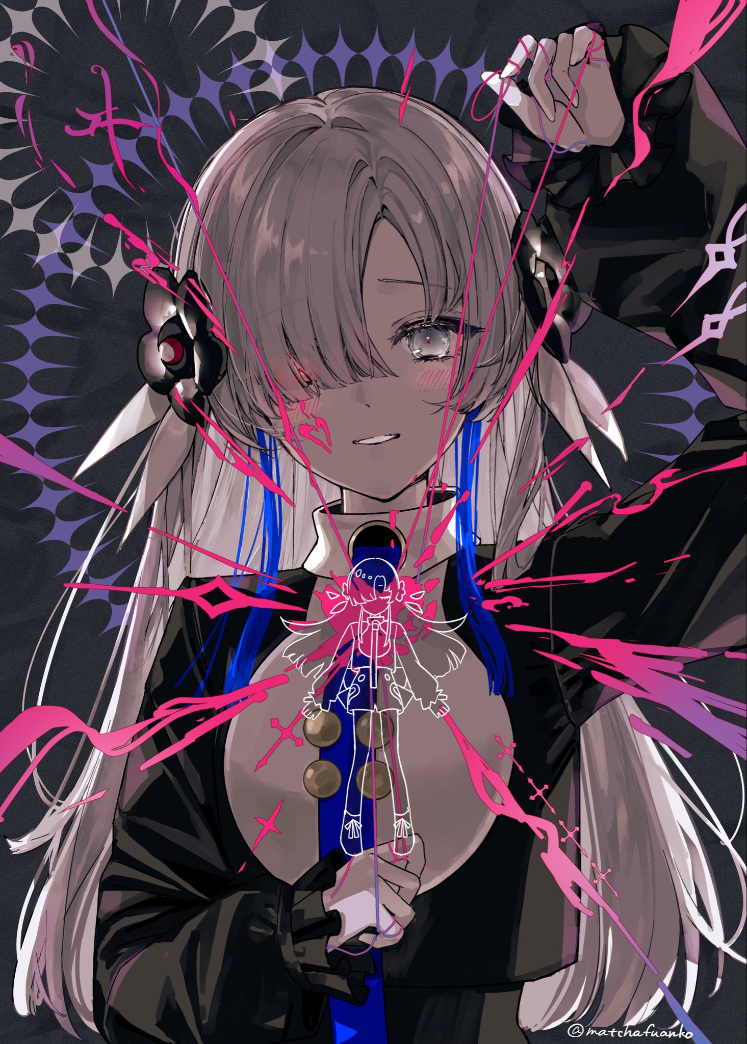 matchafuanko, isekaijoucho, kamitsubaki studio, highres, 1girl, blue hair, flower, grey eyes, grey hair, hair flower, hair ornament, hair over one eye, heterochromia, jacket, long hair, looking at viewer, multicolored hair, necktie, red eyes, smile, solo, two-tone hair
